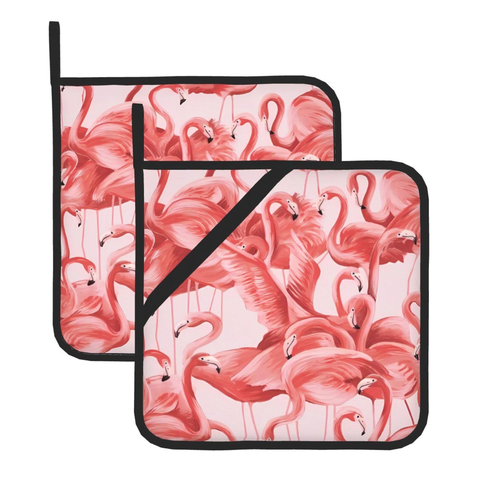 WHJSHOP Flamingo Prints Square Pot Holders - Waterproof Heat Resistant Kitchen Throw Pads for Hot Bowls & Dishes, Durable Oven Mitt Layers with Hanging Loop - Set of 2