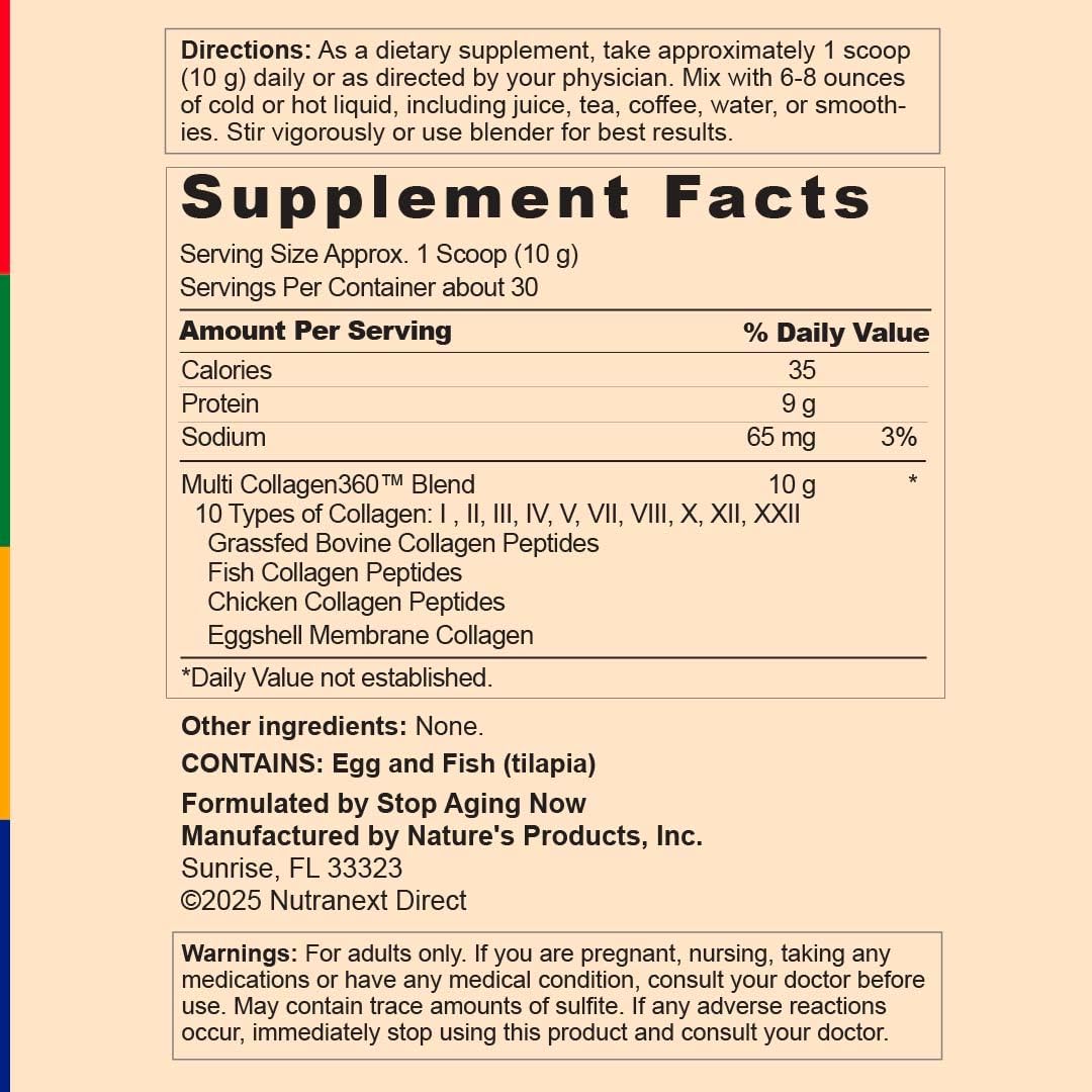 Stop Aging Now - Multi Collagen Peptides Powder - Types i, ii, iii, v, x Unflavored - 10.58oz