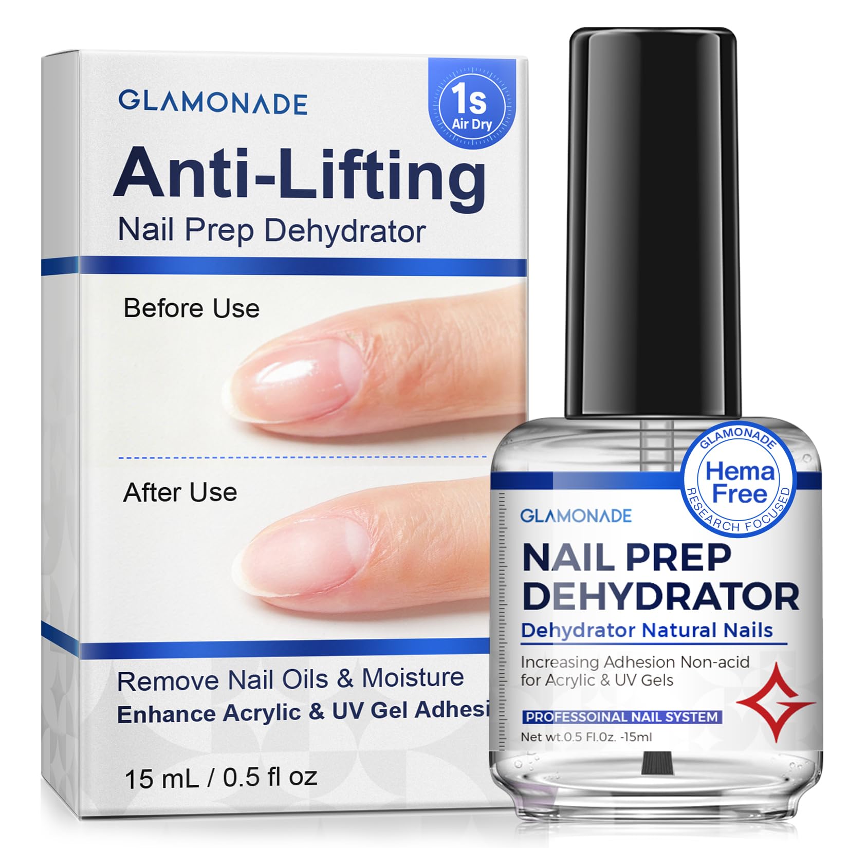 Glamonade Anti-Lifting Nail Prep Dehydrator: Acid-Free Dehydrate for Acrylic Nails and Gel Nail Polish | 15ml Fast Dry Hema-Free Primer Bonder Supplies