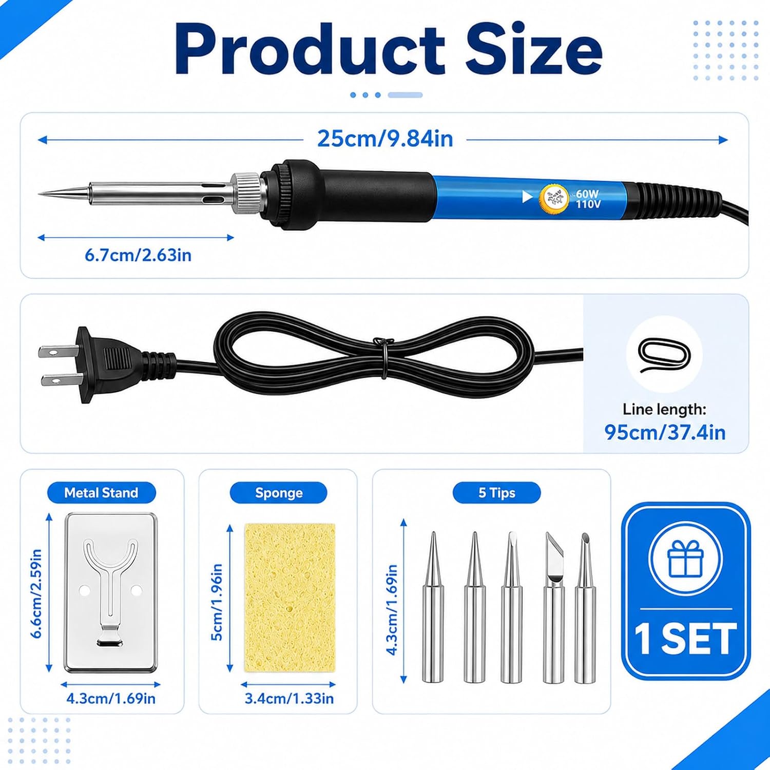 Wood Burning Kit, Adjustable 6 Temperature Pyrography Tool, 60W Iron with 5 Tips & Sponge for DIY Wood Crafts, Wood Art & Pyrography, Ideal for Detailed Shading & Designs (Iron, 6-Piece Set)