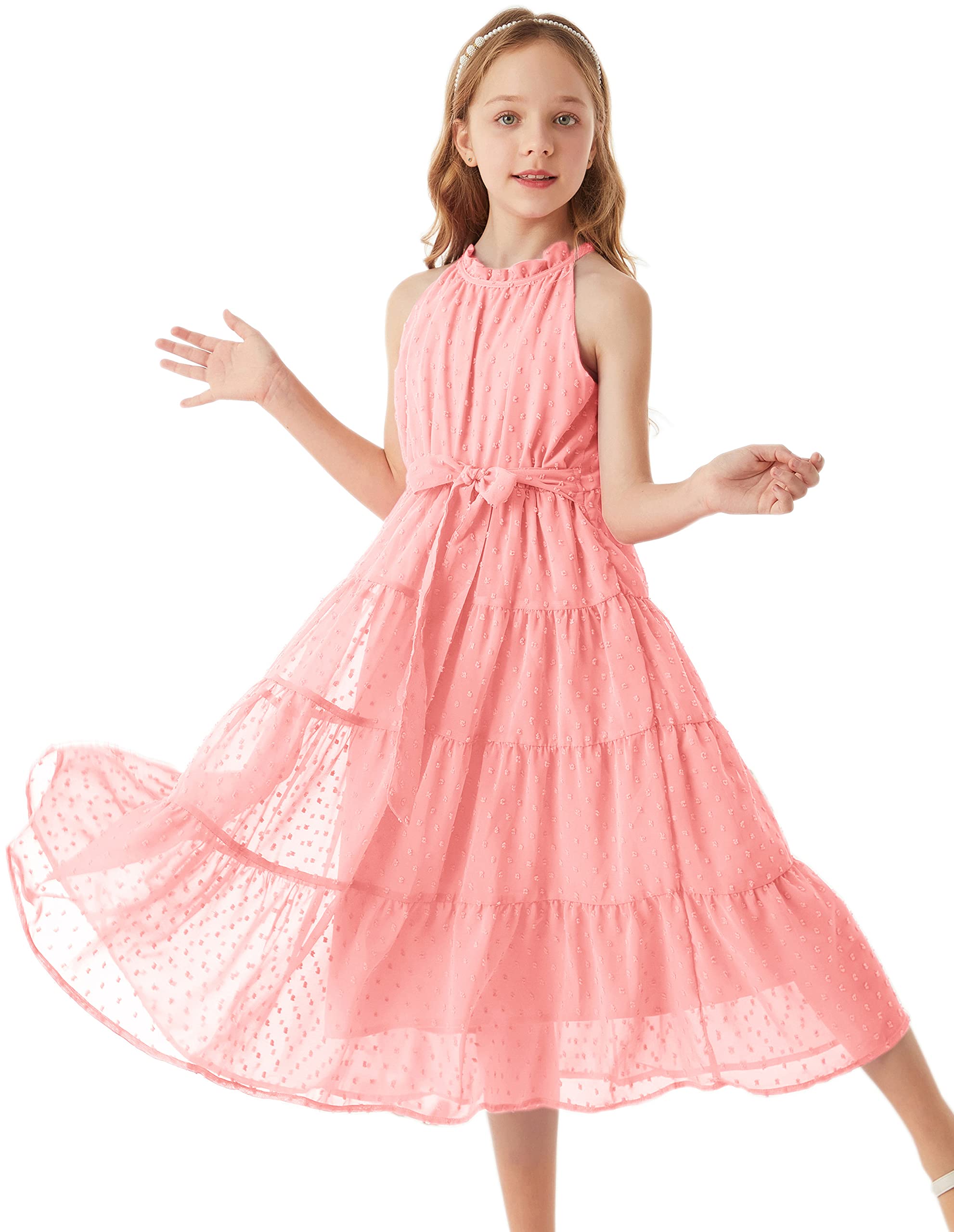 GRACE KARIN Vestido Niña Elegante Vestido Gasa con Malla Escote Halter 6-12 Años