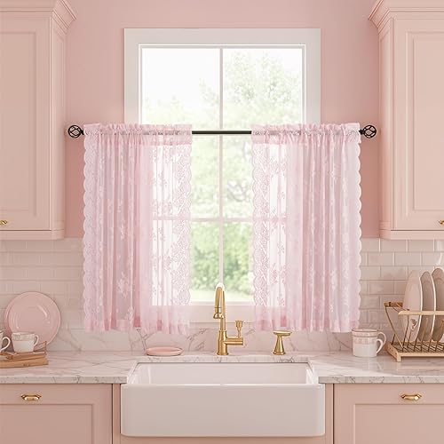 Miniatura 79 de Kotile Cortinas traslúcidas beige de 96 pulgadas de largo para sala de estar, 2 paneles de cortinas rústicas de encaje florales retro crema para