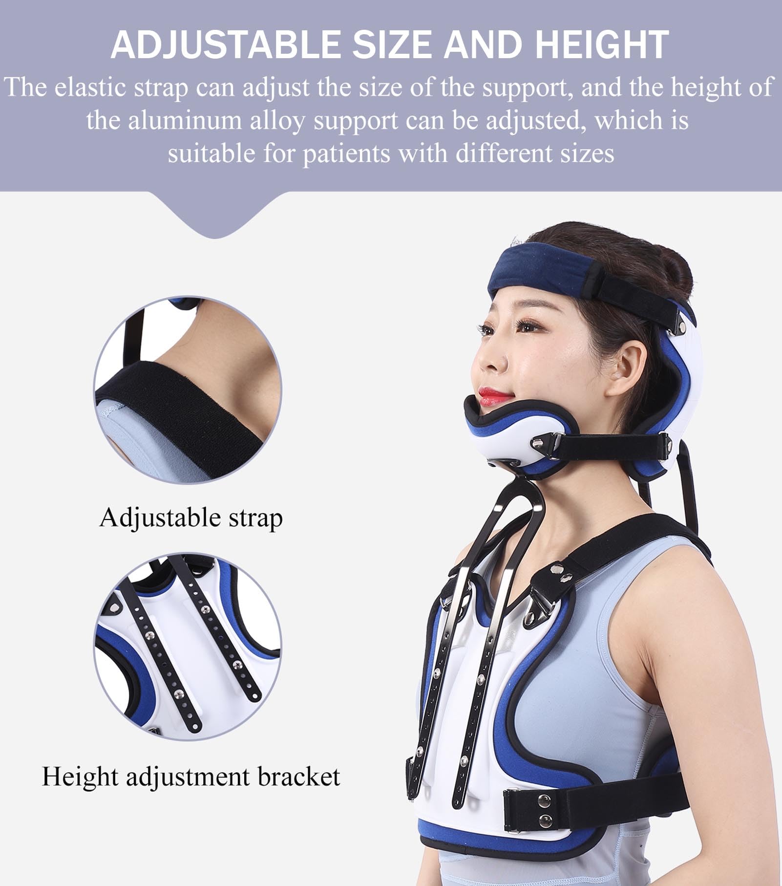Ortesis cervical torácica, cabeza, cuello, hombros y pecho con ajuste de altura y firmeza, soporte lumbar en U, para fijación de fracturas y rehabilitación de vértebras cervicales