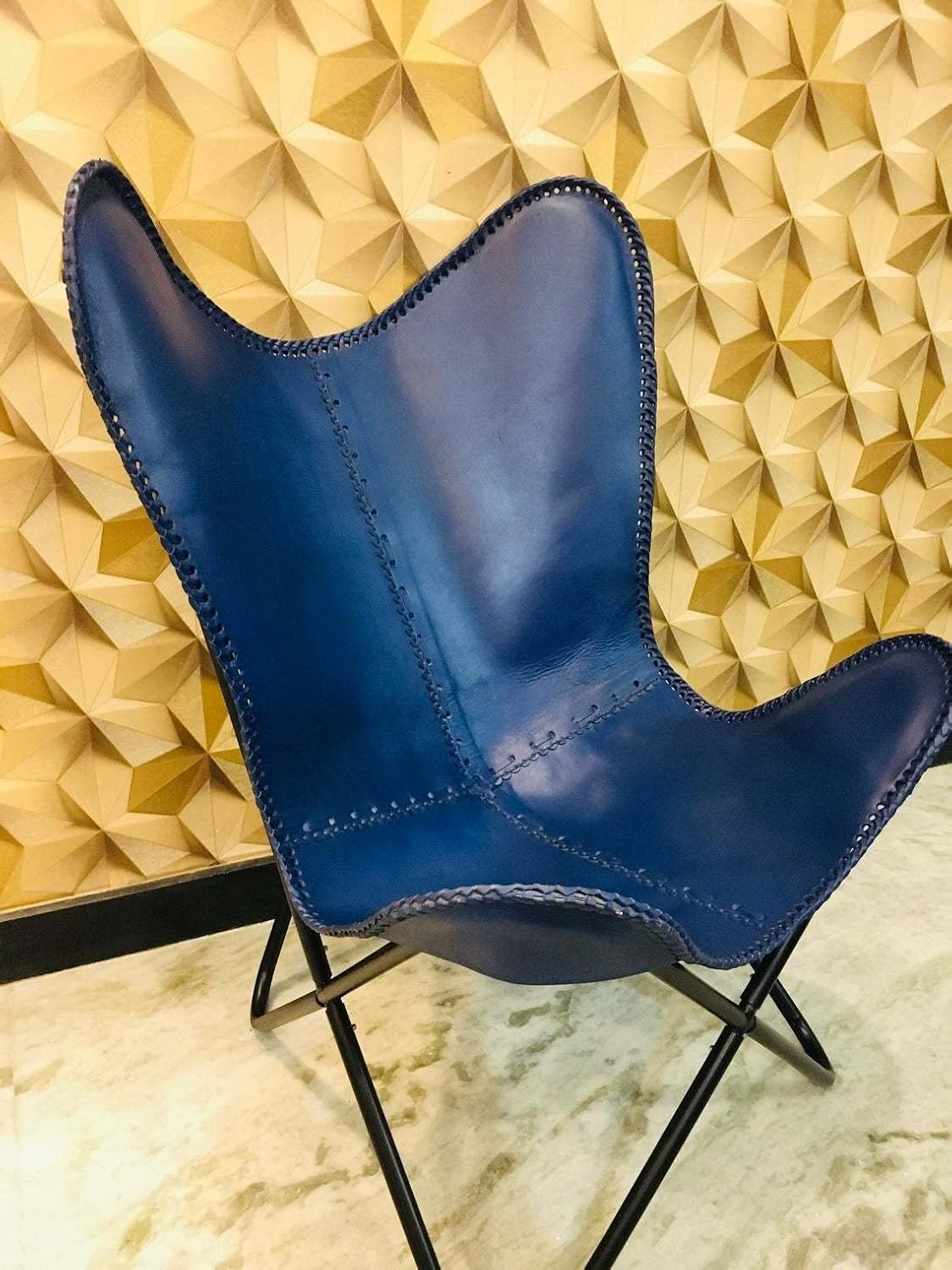 Leather Butterfly Chair with Folding Iron Stand - Handmade Blue Accent Lounge Chair for Living Room, Bedroom, Patio