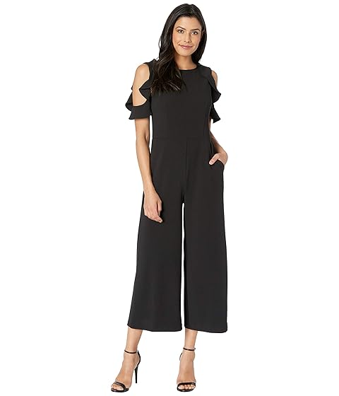 Printed Black Cold Shoulder Cropped Jumpsuit