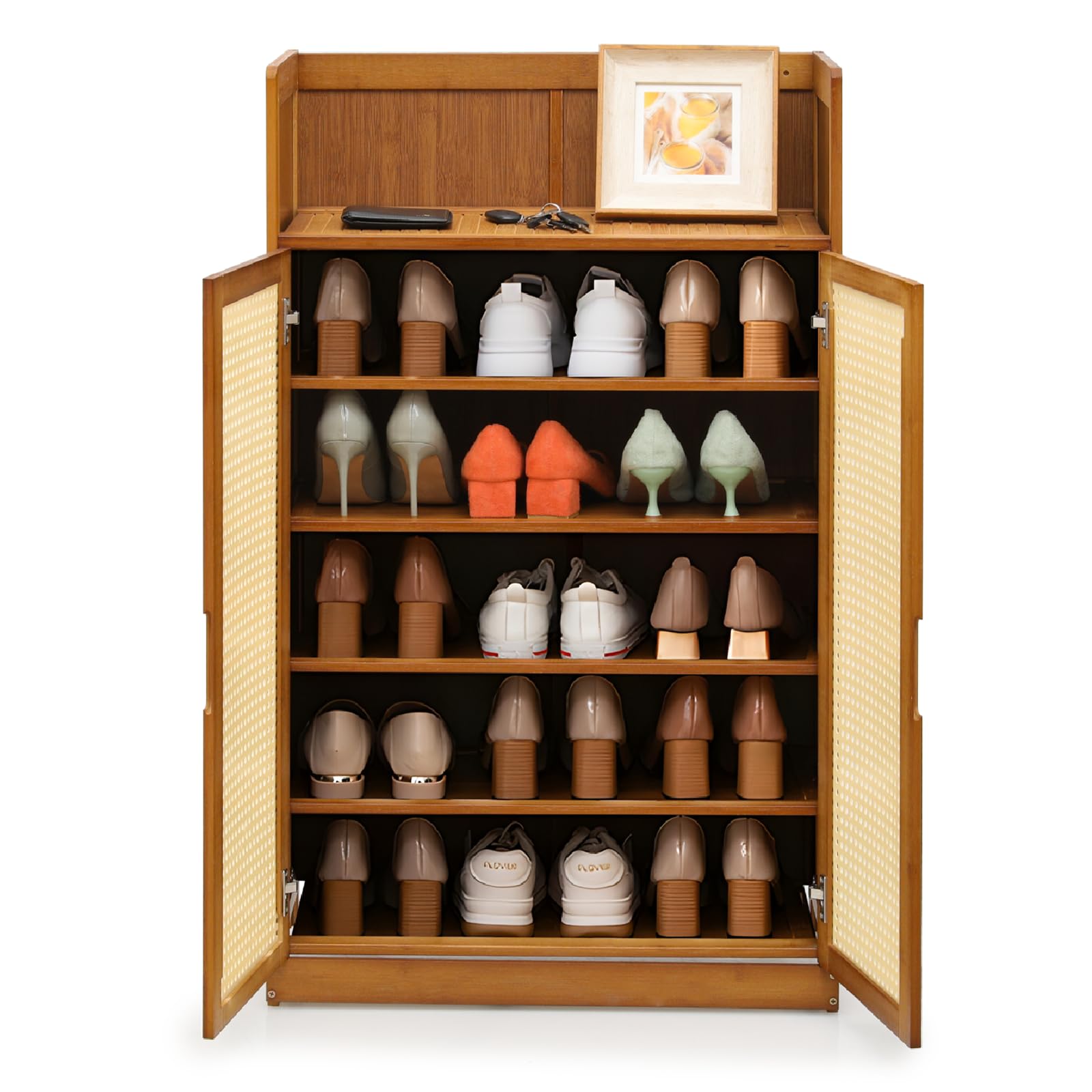Athena Collection 39" Bamboo Shoe Storage Cabinet with Doors, 5-Tiers Shoe Rack Freestanding Shoe Organizer Shelf with Heightened Top Platform, for 15