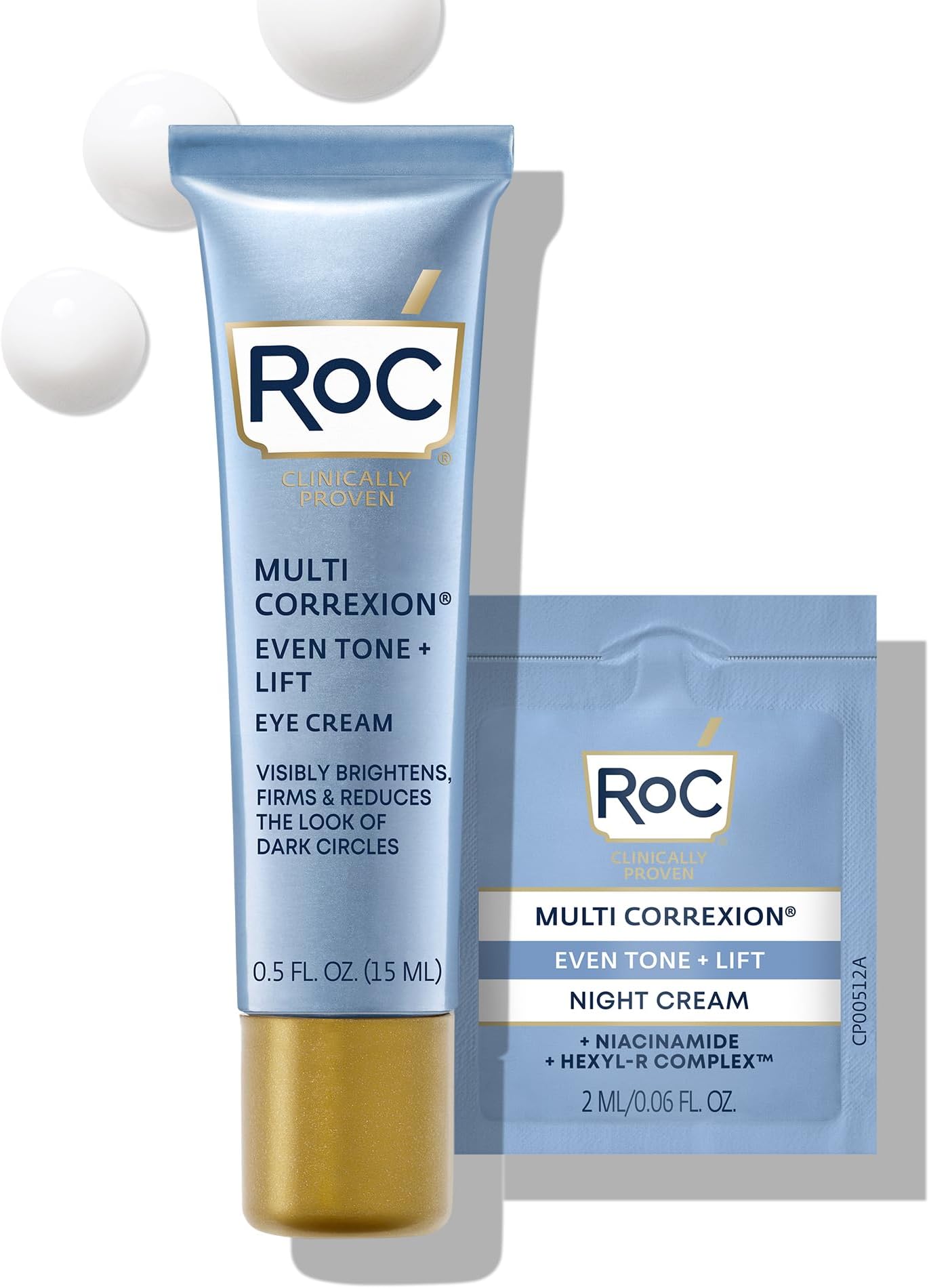 RoC Multi Correxion 5 in 1 Anti-Aging Eye Cream for Puffiness, Under Eye Bags & Dark Circles, Skin Care Treatment with Shea Butter, (.5 oz) with Night Cream Packette (Packaging May Vary)