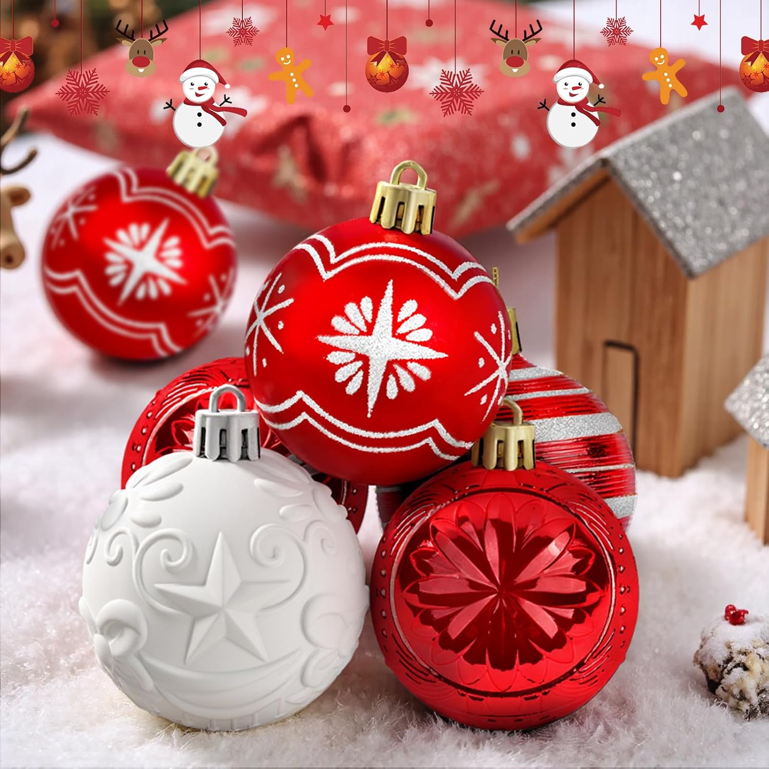 82PCS Christmas Ornaments, Ornaments with Hanging Strings for Christmas Tree Decorations, Hanging Xmas Decorations with Kraft Paper Box with Lid for Holiday, Party(Red&White)