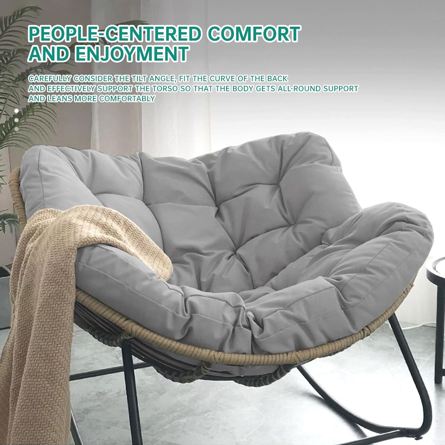 Mecedora para exteriores, silla de mimbre para patio, cómoda sala de estar de gran tamaño con cojín acolchado, mecedora de ratán para patio, sala de estar, dormitorio