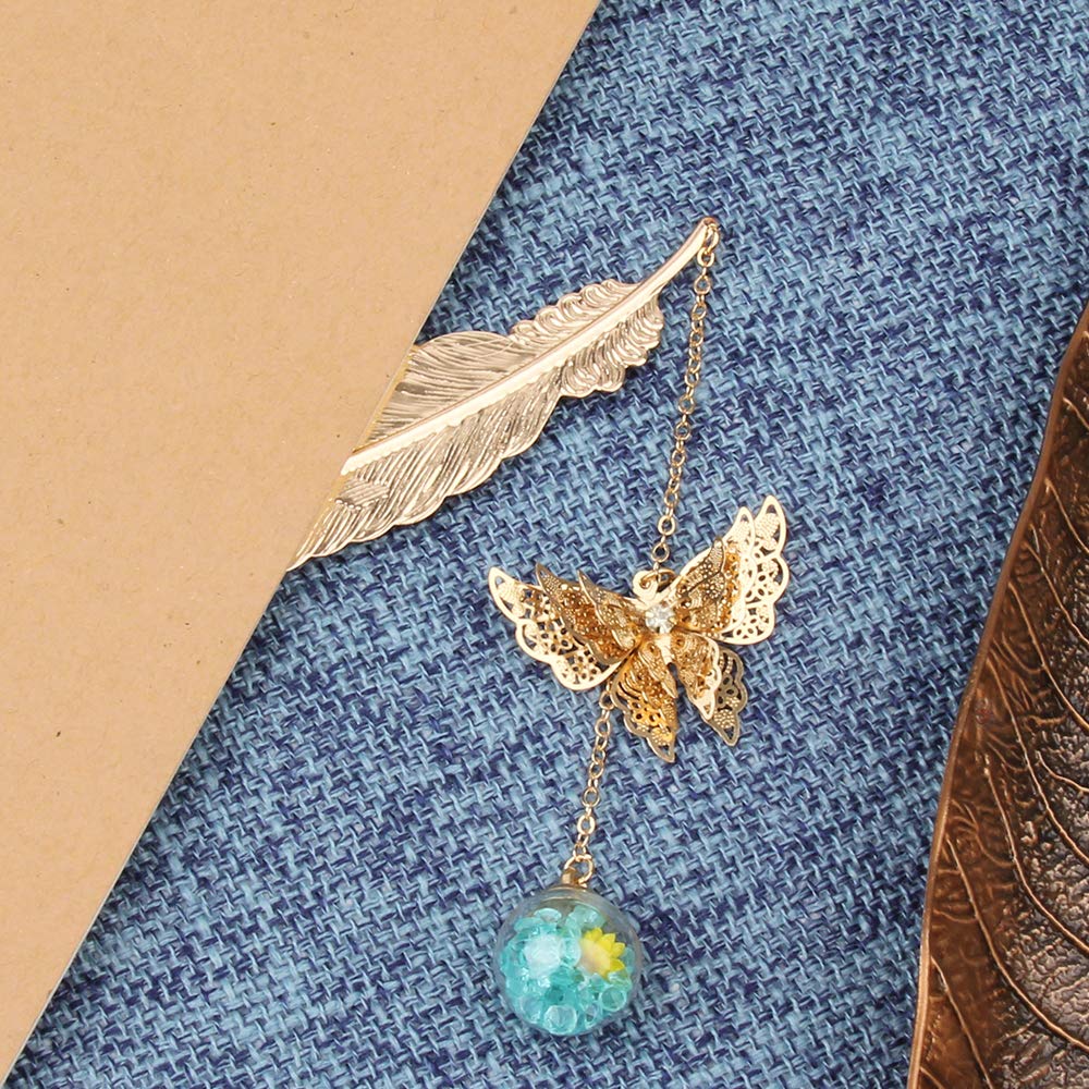 Marcapáginas de Plumas de Metal con Mariposa 3D y Perlas de Vidrio