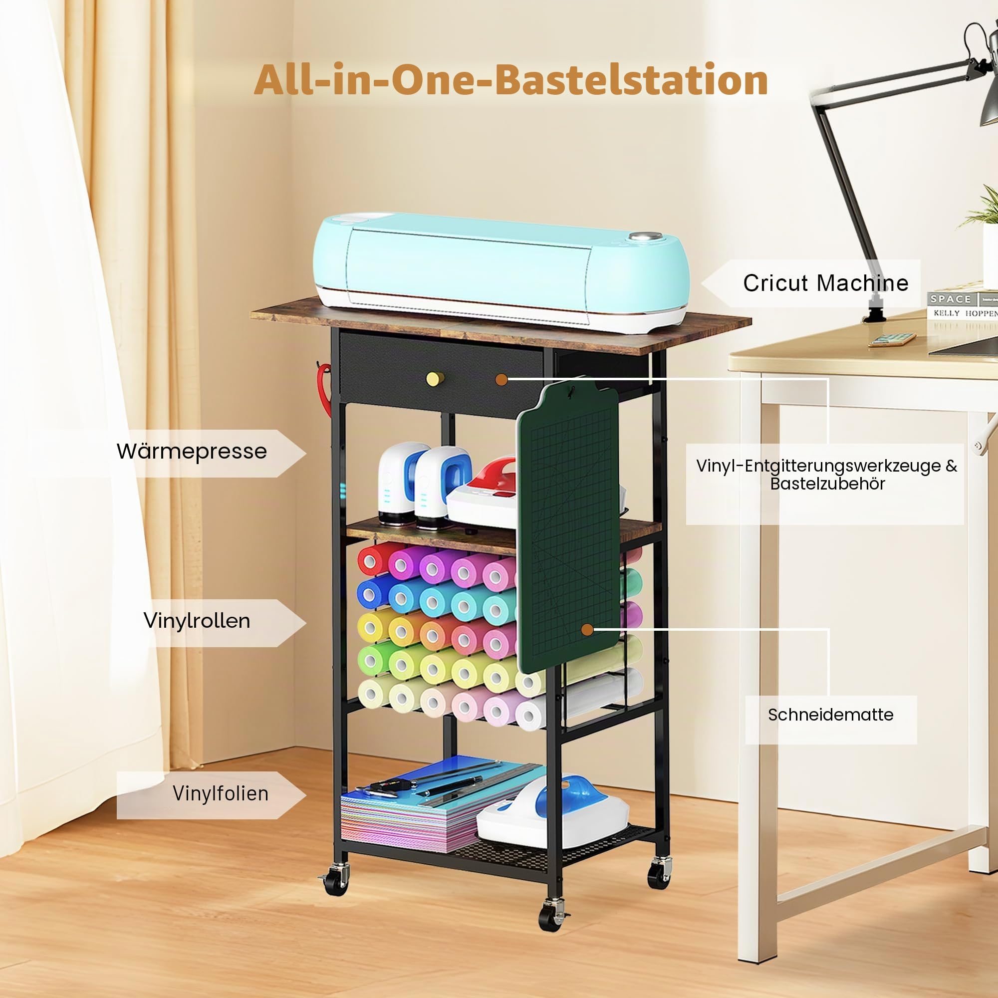 Yitexin Aufbewahrungswagen mit 30 Vinylrollenhaltern und Schublade, kompatibel mit Cricut