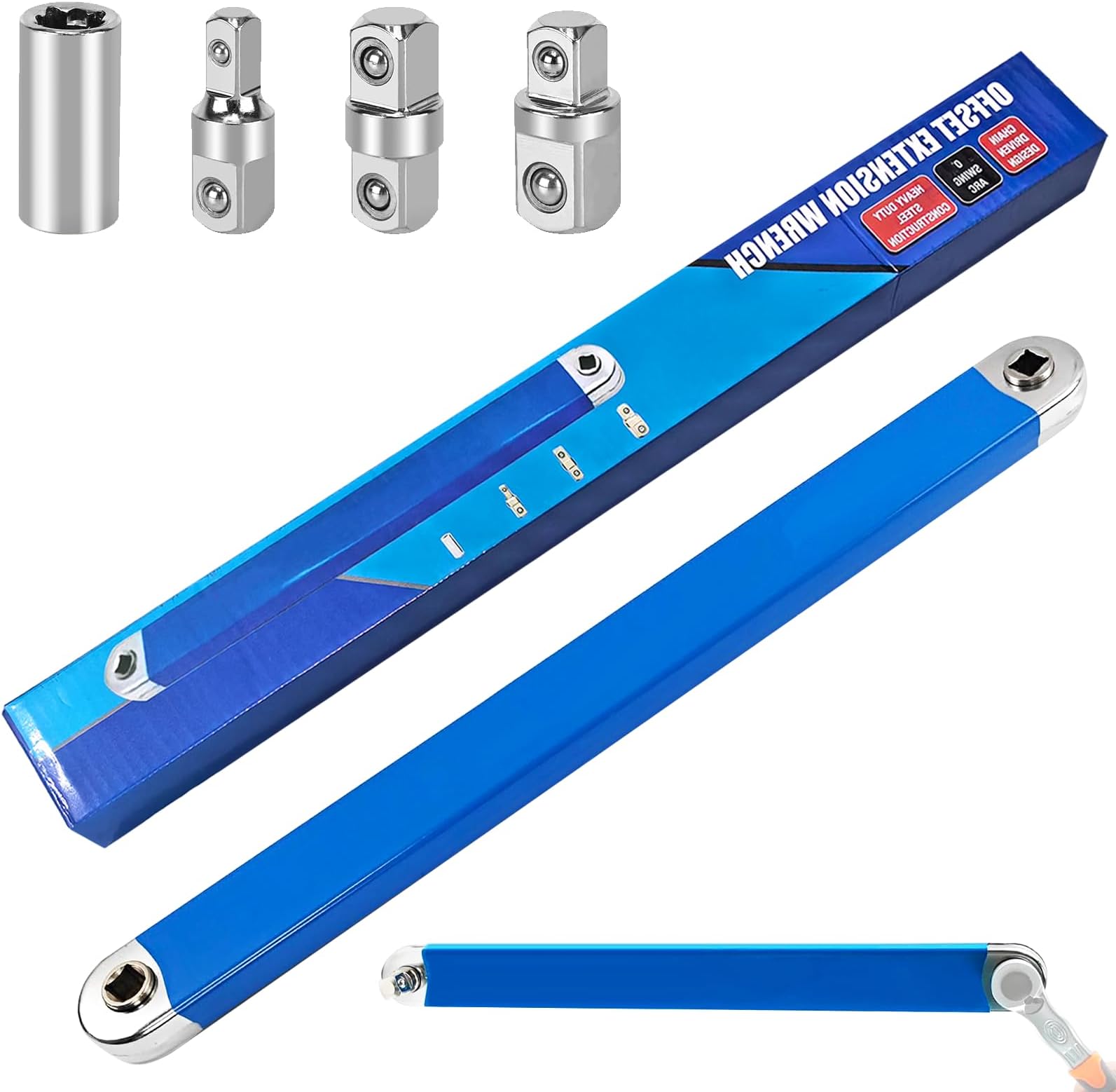 15 Inch Offset Extension Wrench, Impact Ready Socket Wrench Extender Tool Set with Versatile 1/2", 1/4" and 3/8" Square Drive Adapters, Universal Extensions Wrench for Tight Place
