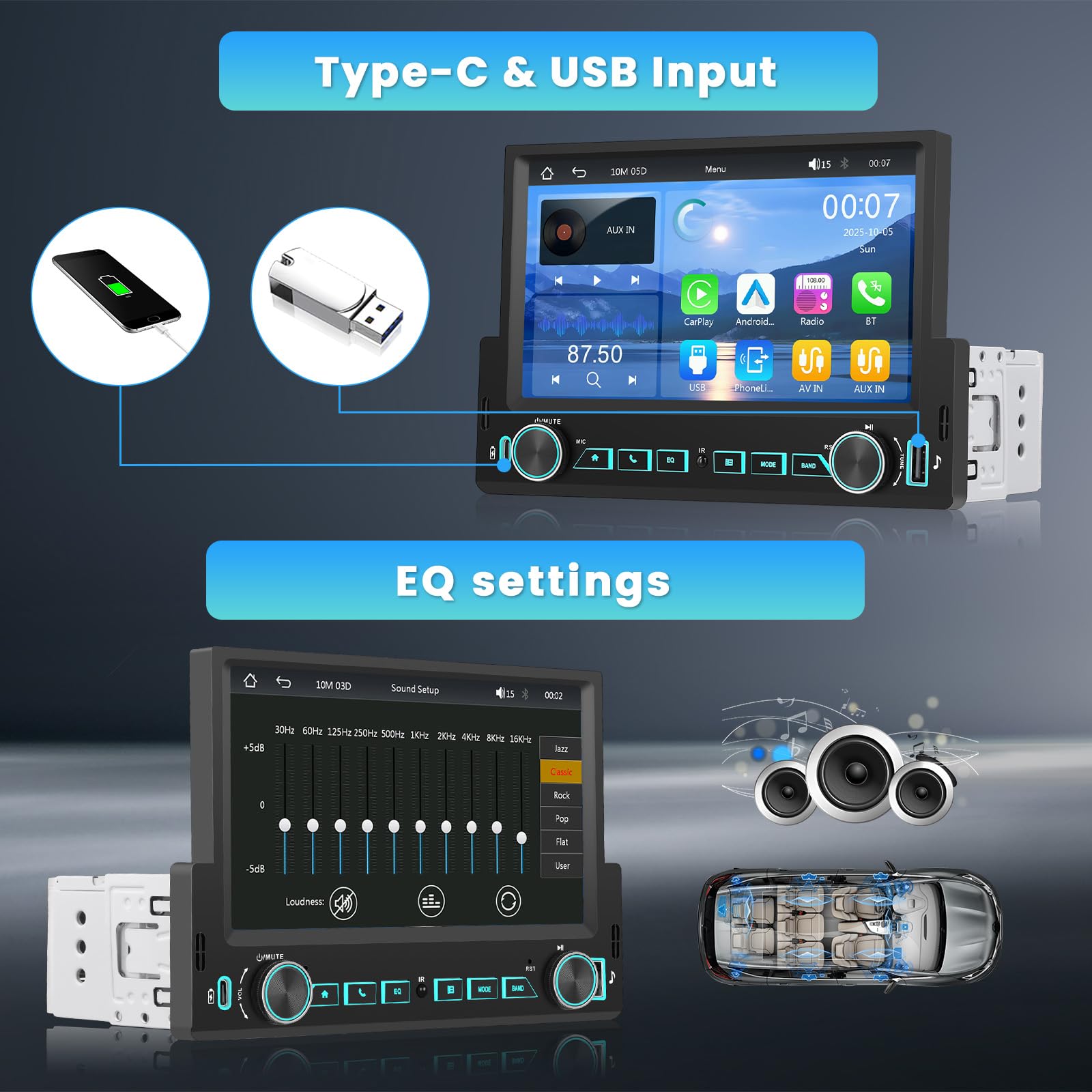 Inefala Radio samochodowe 1 din z wyświetlaczem 7 cali, bezprzewodowe Carplay Android Auto, radio Bluetooth 1 din z Mirror Link, radio FM, USB Type-C, kamera cofania, mikrofon