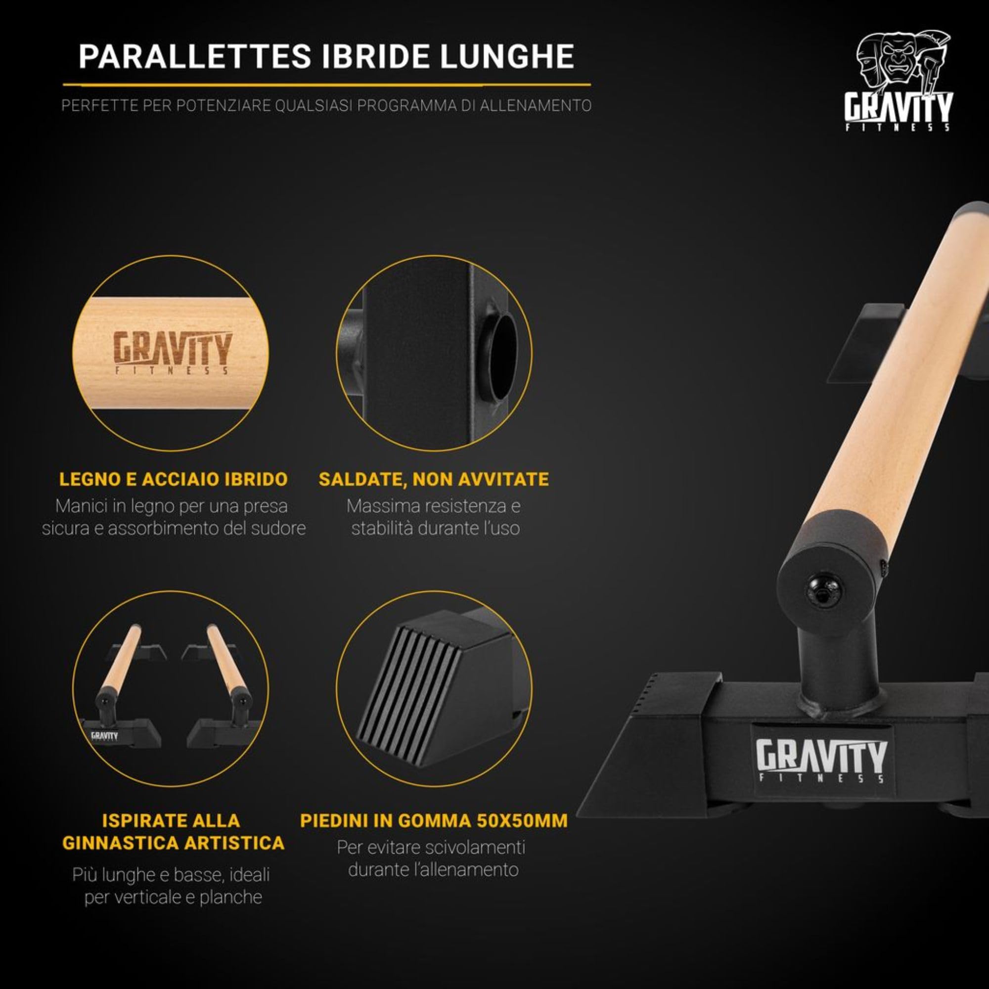 Gravity Fitness Parallettes Piccole con Manici in Legno Ibridi, Stabili per Calisthenics, Ginnastica, Allenamento a Corpo Libero, Portatili e Leggere per Palestra Casalinga o Commerciale