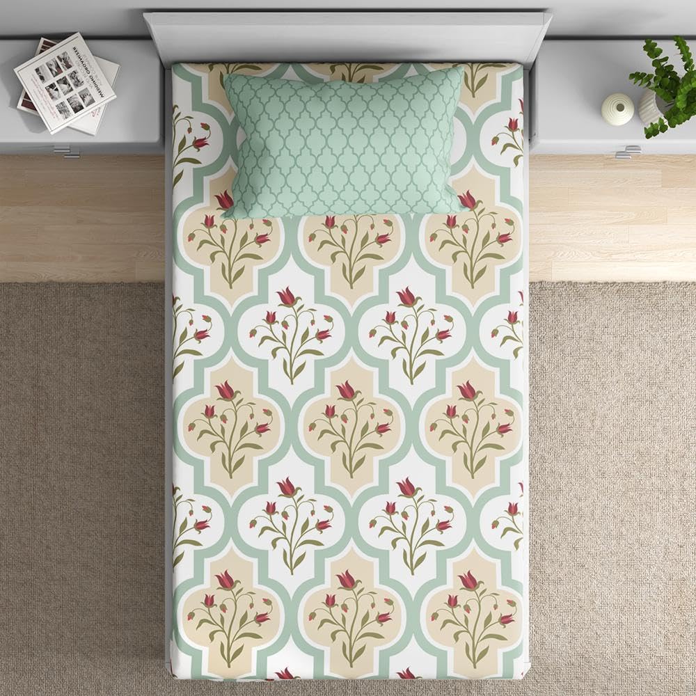 Wakefit 100% Cotton 200 TC Flat Printed Bedsheet, Booke Single Size (90x60 inches) / (2.29m*1.52m) with 1 Pillow Cover Booke, Single