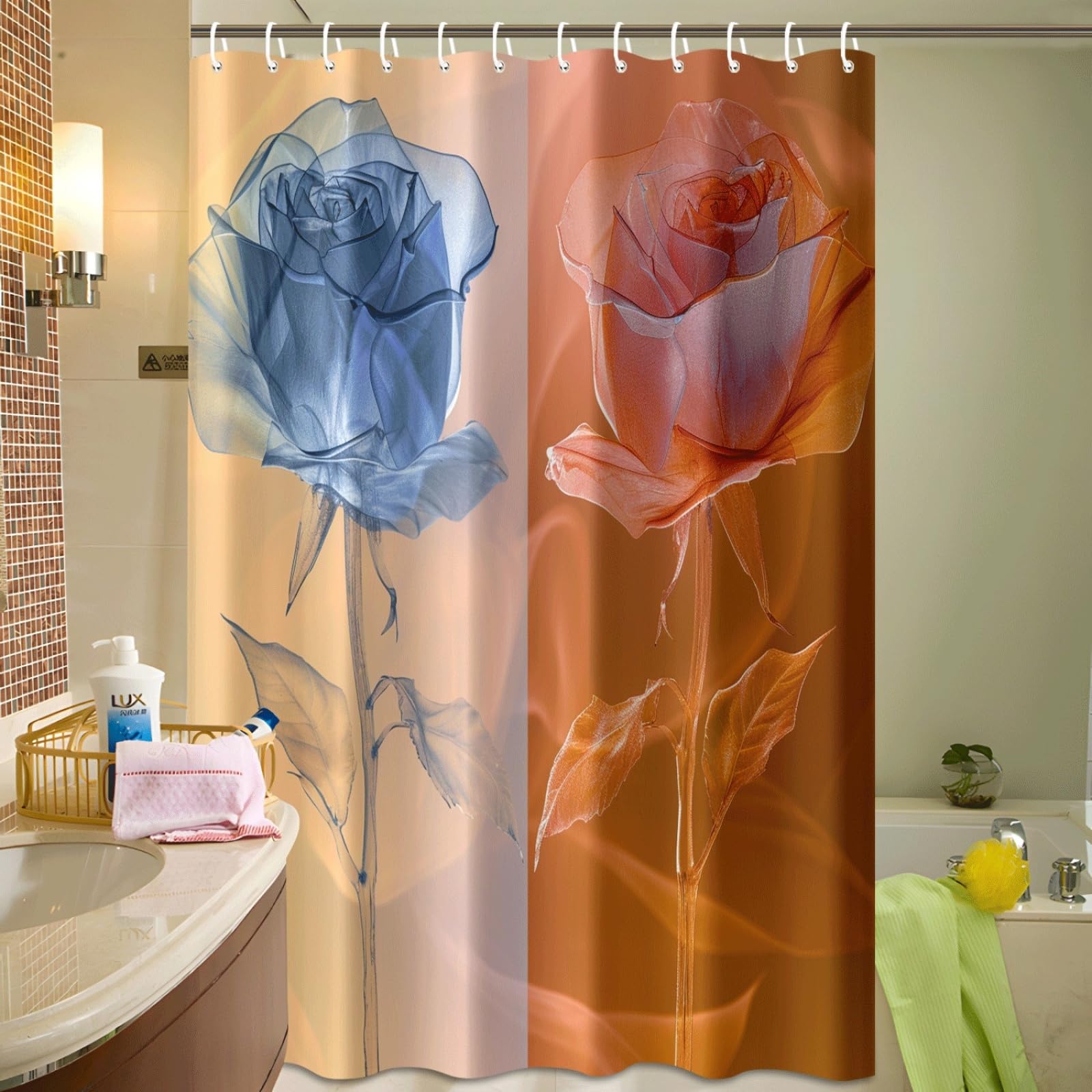Tenda Doccia Fiore Arancione Blu Tenda Doccia Antimuffa Impermeabile Poliestere Lavabile con 12 Ganci Facile da Installare Tende Finestra Bagno per Dormitorio Hotel(180x220cm)