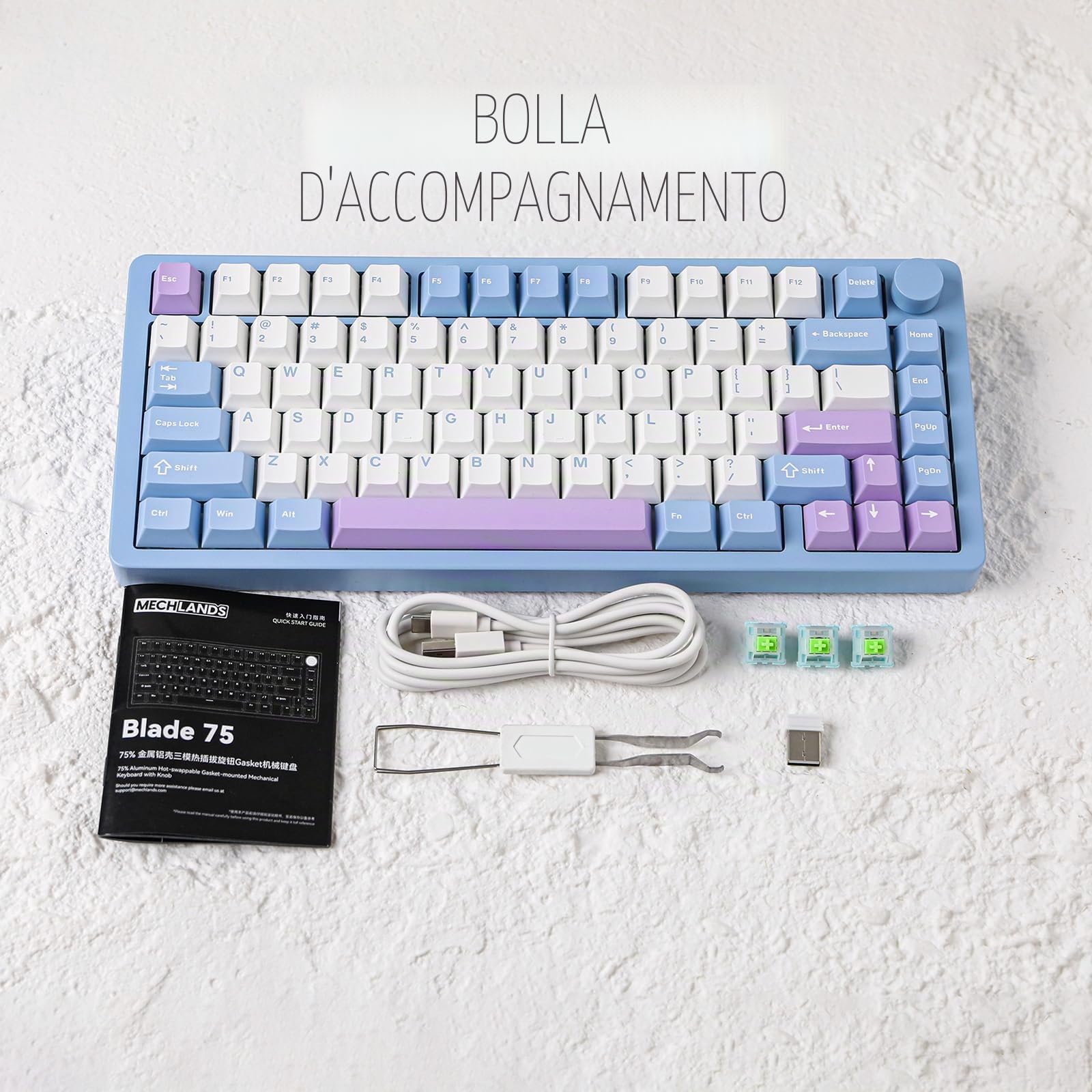 MechLands Blade75 Tastiera meccanica da gioco wireless in alluminio, BT5.0/2.4GHz/USB-C, tastiera cremosa con batteria da 4000 mAh, manopola, retroilluminazione RGB, NKRO per Windows/Mac/Giochi