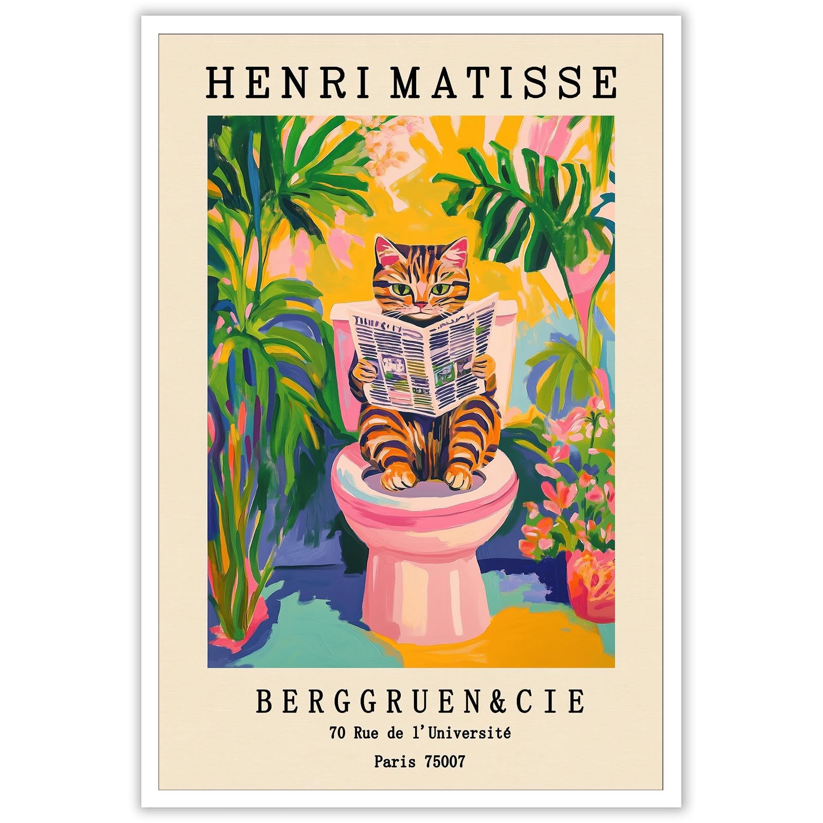 Koeuirw Art Posters 07 Unframed Vintage Henri Matisse Canvas Wall Art Funny Animal Bathroom Poster Cute Tabby Cat On A Toilet Print Pink Dopamine Bathroom Wall Decor Matisse Print For Bathroom 12X16in Unframed