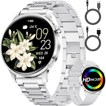 SUNKTA Women's Smartwatch with Phone Function 7.9 mm Thin 1.32 Inch AMOLED Elegant Stainless Steel Smart Watch Women for Android iOS Heart Rate Sleep Monitor Menstrual Cycle 100+ Sports Modes Silver