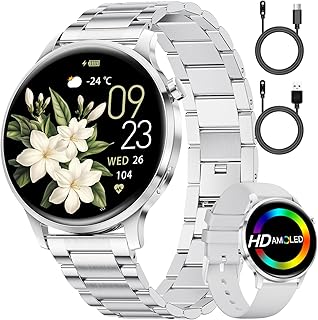 SUNKTA Women’s Smart Watch 7.9 mm Ultrathin 1.32 Inch AMOLED Call Bluetooth Silver Steel Elegant Sma