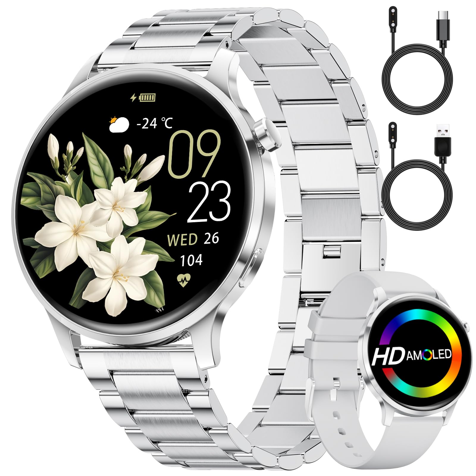 SUNKTA Orologio intelligente da donna 7,9 mm ultra sottile 1,32" AMOLED chiamate Bluetooth elegante Smartwatch per Android iOS,frequenza cardiaca,monitoraggio del sonno,contapassi, calorie,Argento