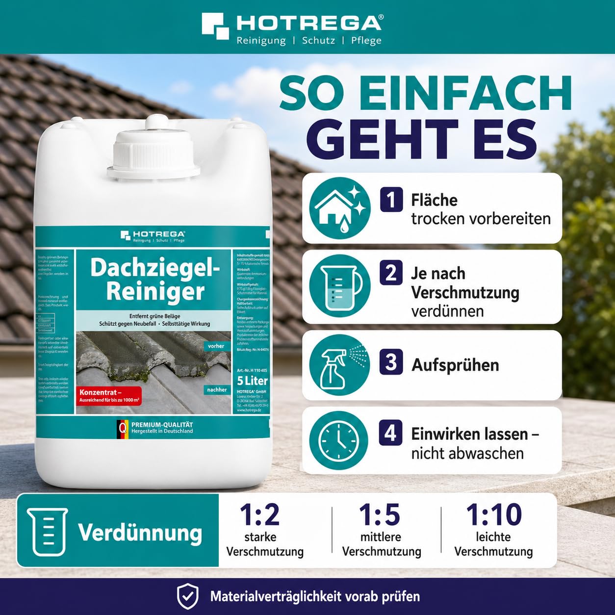 HOTREGA Dachziegel Reiniger Konzentrat 5 L | Gegen Algen & Moos | Chlorfrei | Selbsttätiger Grünbelagentferner | Reichweite bis 1000m² | Für Beton, Ton & Glasur | Schont Kupfer, Zink & Metallrinnen