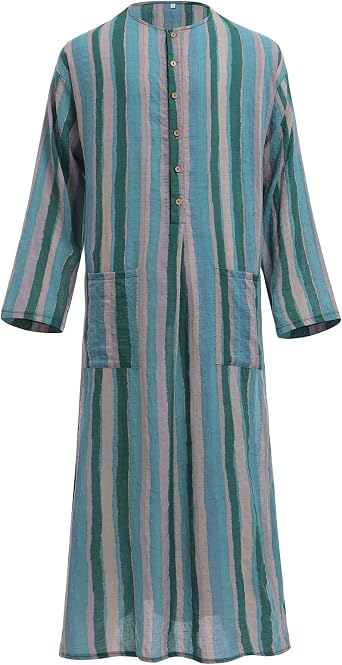OLEMEK Mens Muslim Thobe Long Sleeve Stripe Long Gown Middle East Islam Arabic Thobe Shirt Dresses