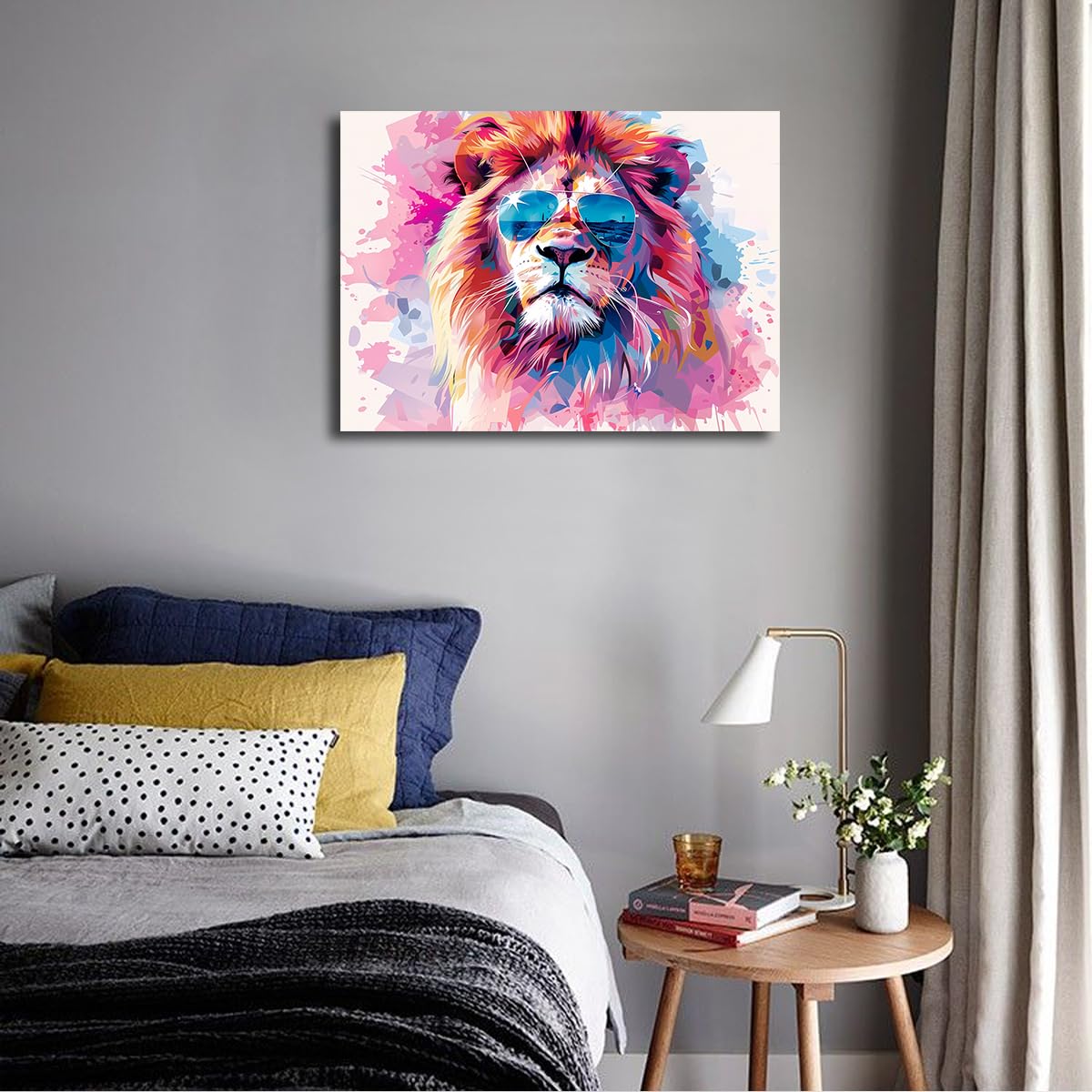 TOANGWALL Kolorowe okulary przeciwsłoneczne Lew Pop Art Canvas Wall Art Abstract Animal Prints Modern Mural Poster Painting for Living Room, Office, Home Decor 50 x 60 cm