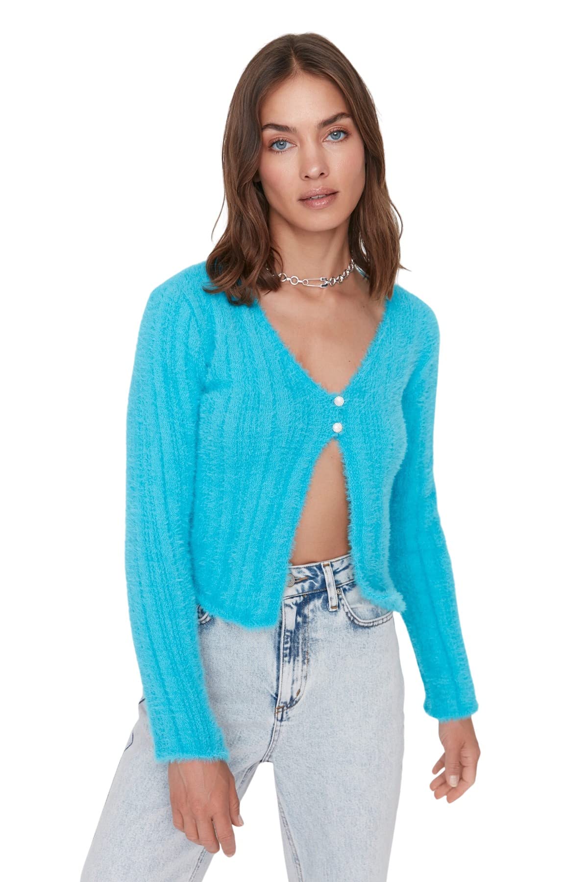 Trendyol Damen Strickjacke, Normale Passform, V-Ausschnitt, Strickwaren Pullover, blau, S