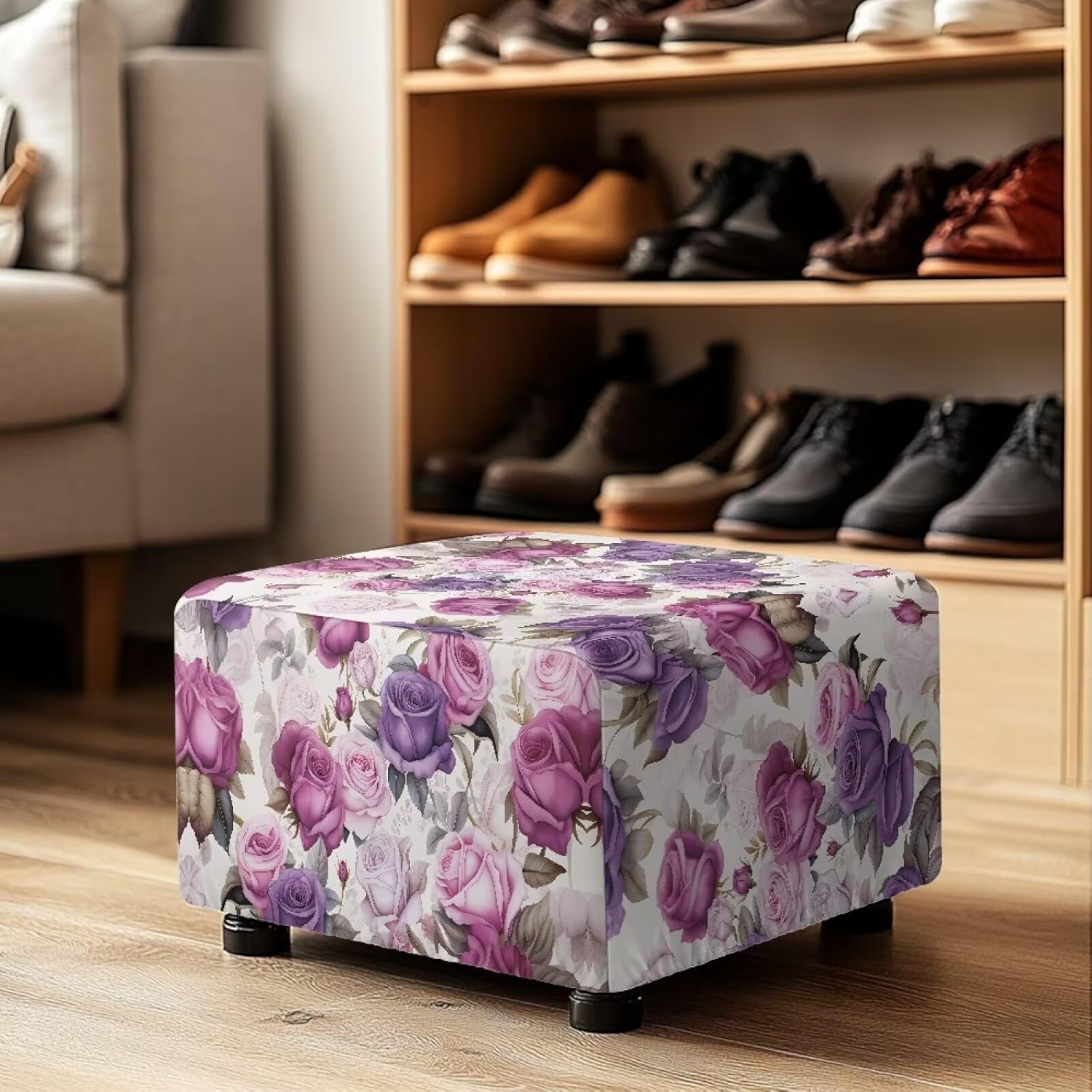 Purple Floral Small Ottoman Cover Non-Slip Rectangular Ottoman Slipcovers Polyester Breathable Footstool Cover Flodable Storage Footstool Protector for Women's Room Birthday Gifts