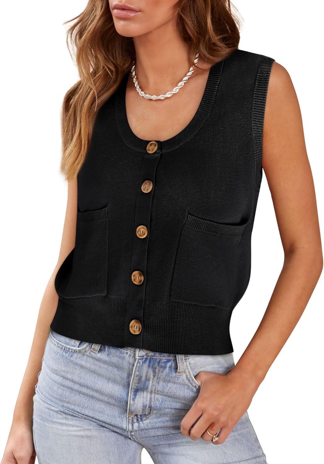 Yousify Womens Sweater Vest Summer Ribbed Tank Tops Sleeveless Button Down Shirts Scoop Neck Top for Women - Image 2