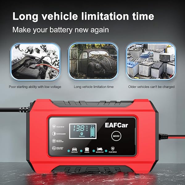 6A Car Battery Charger, 12 V Lead-Acid Batteries, Smart Fully Automatic Car Battery Charger with LCD Screen for Car, Truck, Motorcycle, Lawn Mower, Boat, Marine Batteries - 4