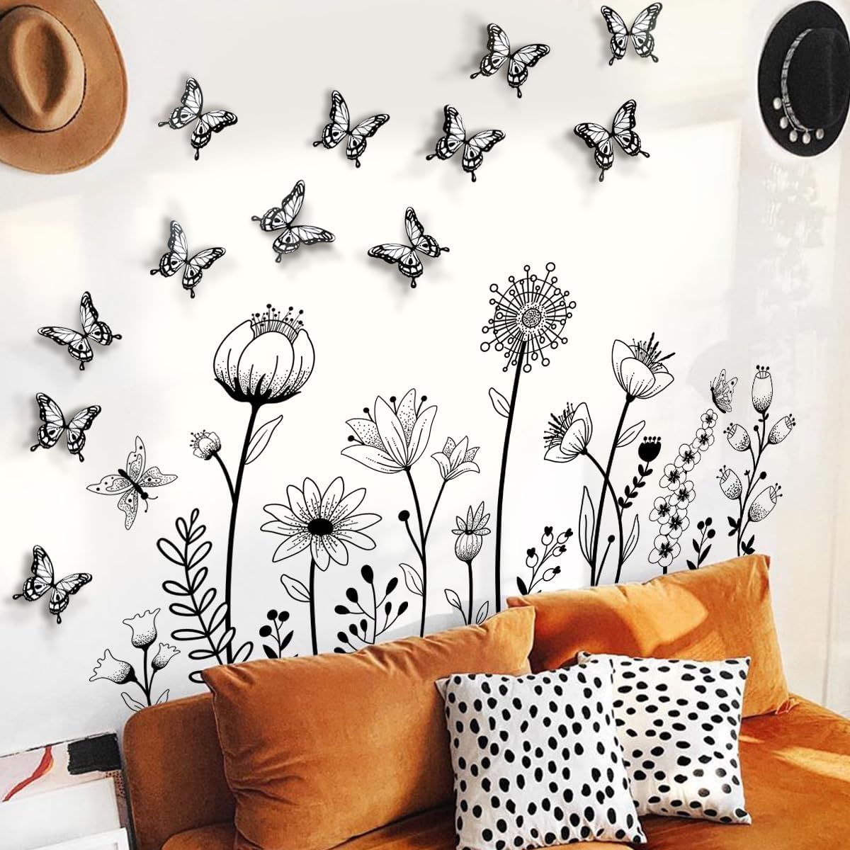 3D Butterfly Wall Decals with Wildflower Wall Decals, Peel and Stick Removable Vinyl Stickers, Black and White, 47.24 x 29.52 Inches, 12 Pc Butterflies for Bedroom Boy Bedroom Yoga