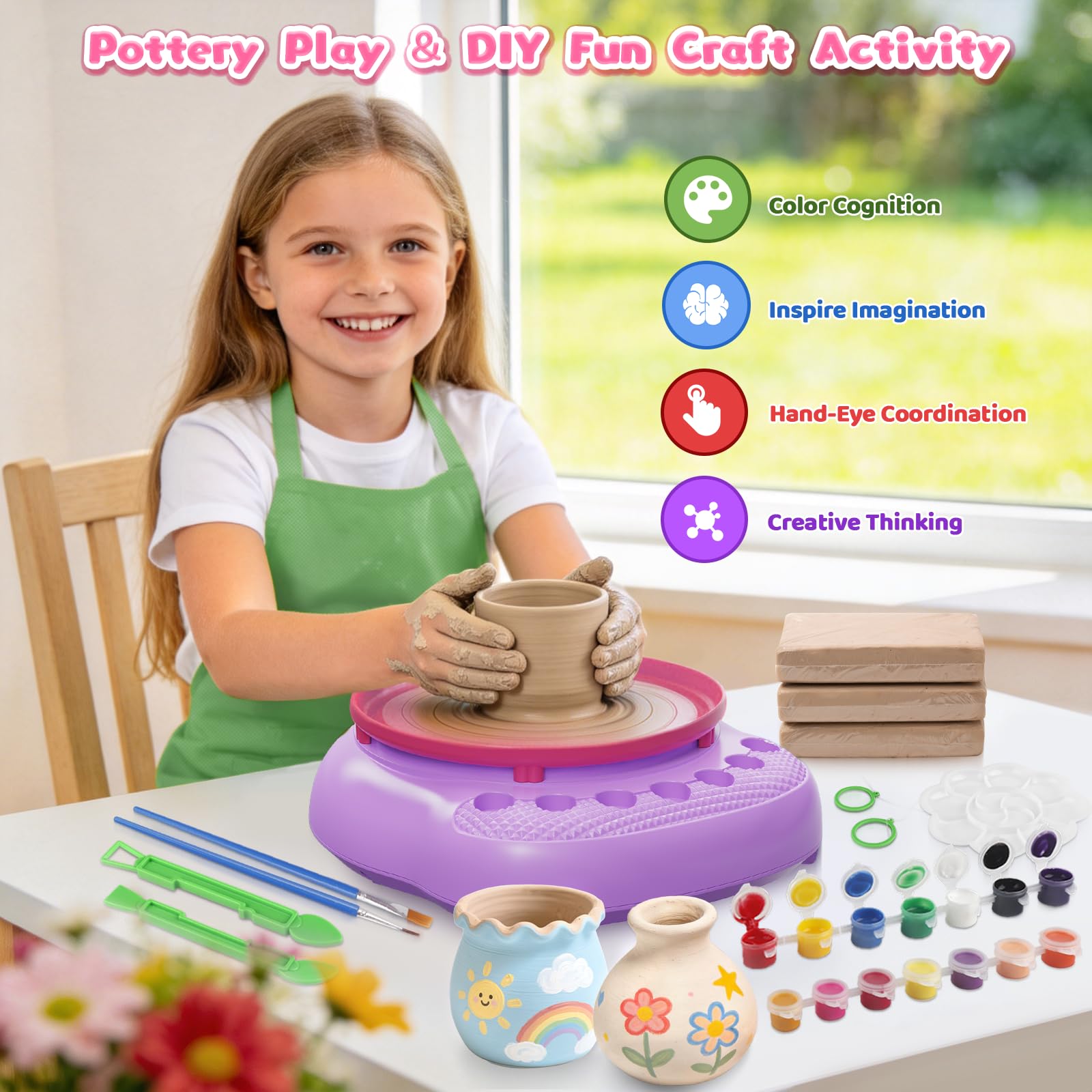 Kit Creativo Bambini 6 7 8 9 10 11 12 Anni - Tornio per Ceramica Bambini con Argilla e Colori, Set Creativo Regalo, Kit Ceramica Argilla Autoindurente Regalo Pasqua Natale Compleanno Bambino Bambina
