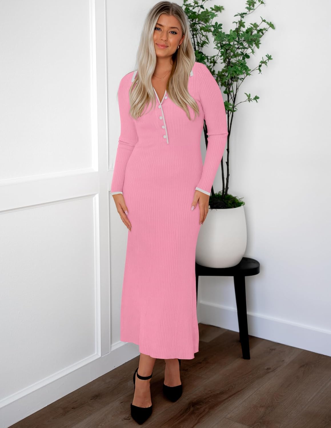 ZESICA Women's Long Sleeve Sweater Dress 2026 Fall V Neck Ribbed Knit Casual Formal Cocktail Bodycon Maxi Dresses - Image 5