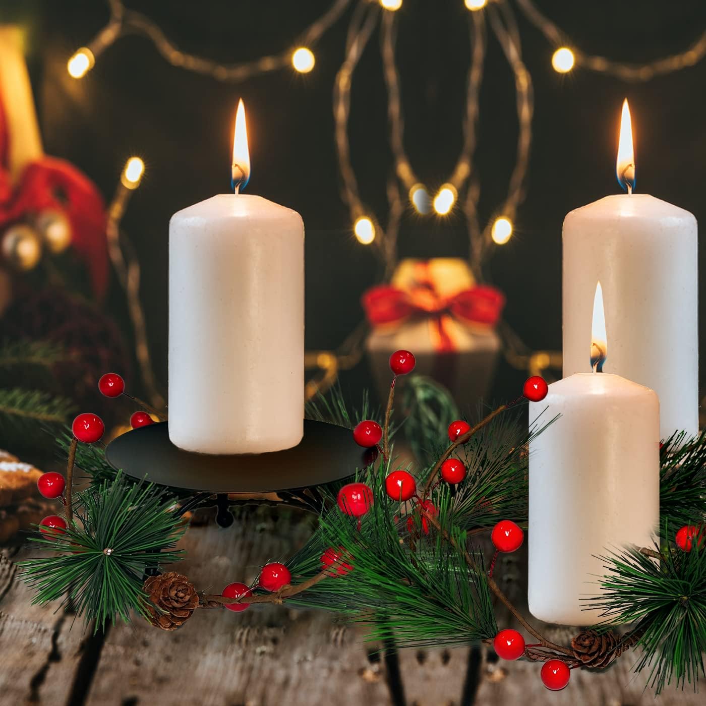 Olamtai Set of 4 Christmas Candle Holder, Small Christmas Wreath 4pcs, Candle Holders with Christmas Candle Rings, Matte Black Christmas Candle Holders for pillar candles, Christmas decorations indoor : Home & Kitchen