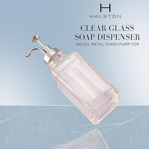 Miniatura 5 de Dispensador de jabón de vidrio rosa rubor con bomba dispensadora de níquel cepillado, moderna bomba recargable para baño, cocina u oficina, elegante