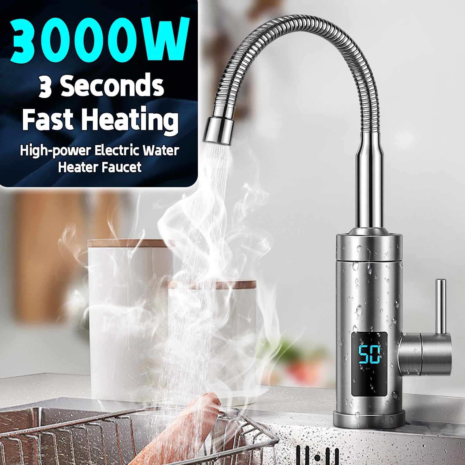 Elektrischer Wasserhahn mit Durchlauferhitzer, 220V 3000W Warmwasserhahn Küchenarmatur Smart Heater Wasserboiler für Küche, Garten, Bad, Wohwagen, Camping