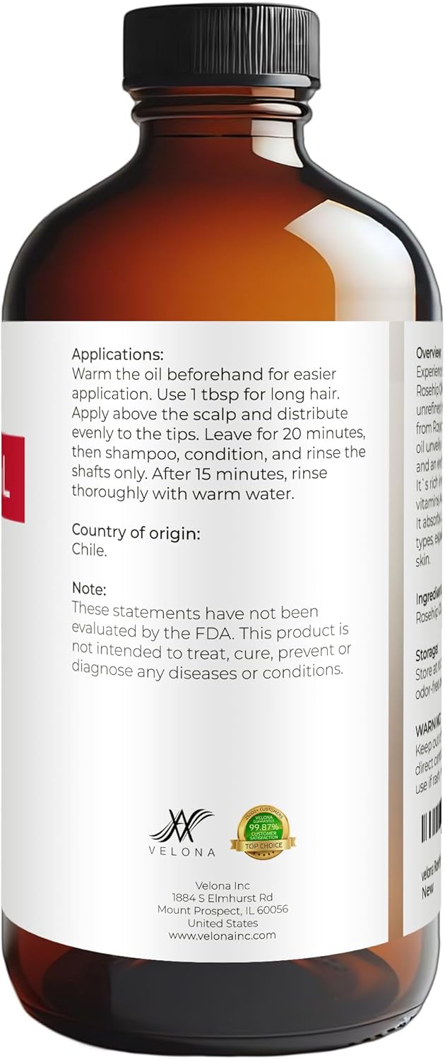 velona Rosehip Oil - 16 Fl Oz in Glass Bottle | 100% Pure and Natural Carrier Oil| Unrefined, Cold Pressed, Hexane Free | Moisturizing Face, Hair, Body, Skin Care, Stretch Marks, Scars… - Image 4