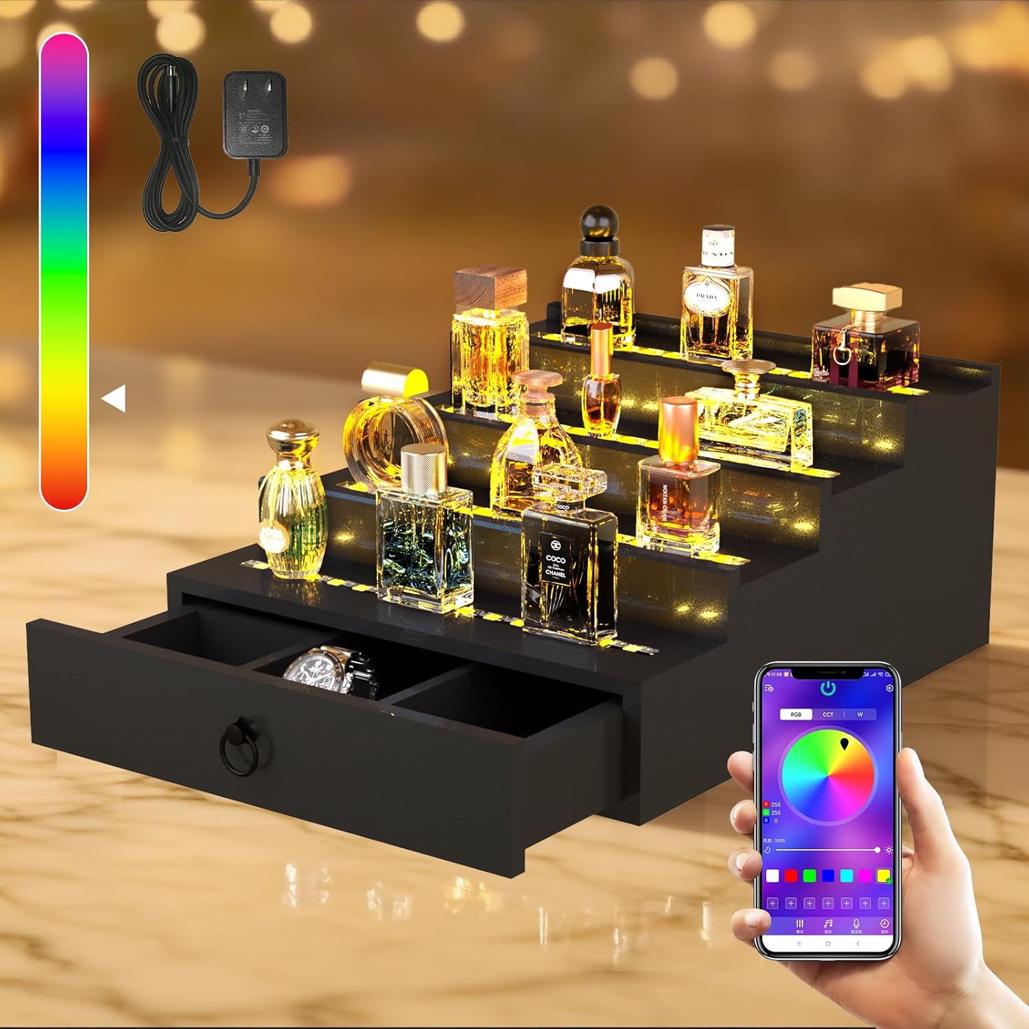 RGB LED Lighting Perfume & Cologne Organizer for Men with APP Control, Music Beat Sync LED, Cologne Stand Shelf, 4-Tier Black Wood, Ideal Gift for Men