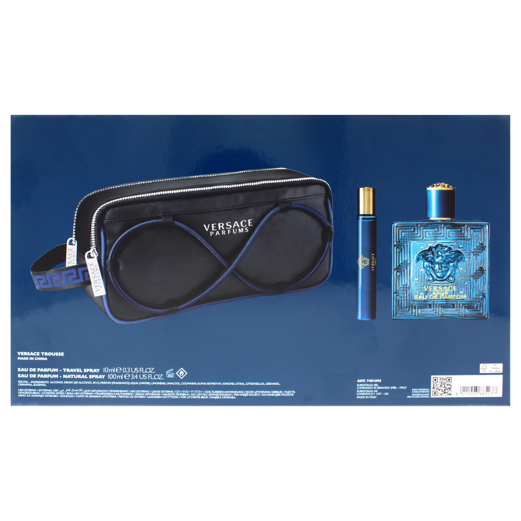 Versace Eros Eau de Parfum set regalo 2025-100 ml EDP, spray da viaggio e borsa per articoli da toeletta
