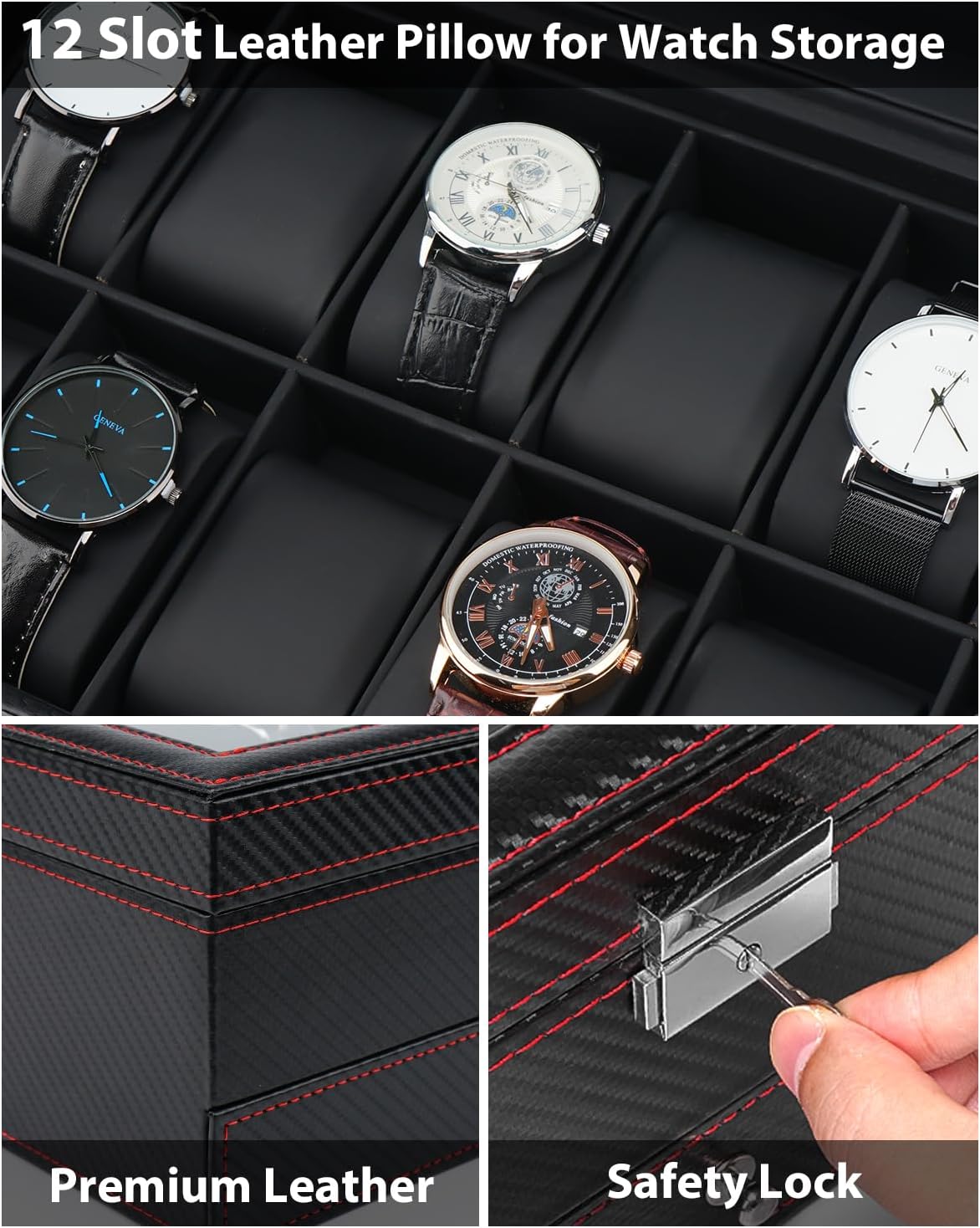 Jenseits 12 Slot Watch Case,2 Layers Watch Box Organizer with Large Glass Lid, Lockable Leather Watch Holder Display Case Storage with Jewelry Organizer Holder Drawer, Ideal Gift for Men Women, Black