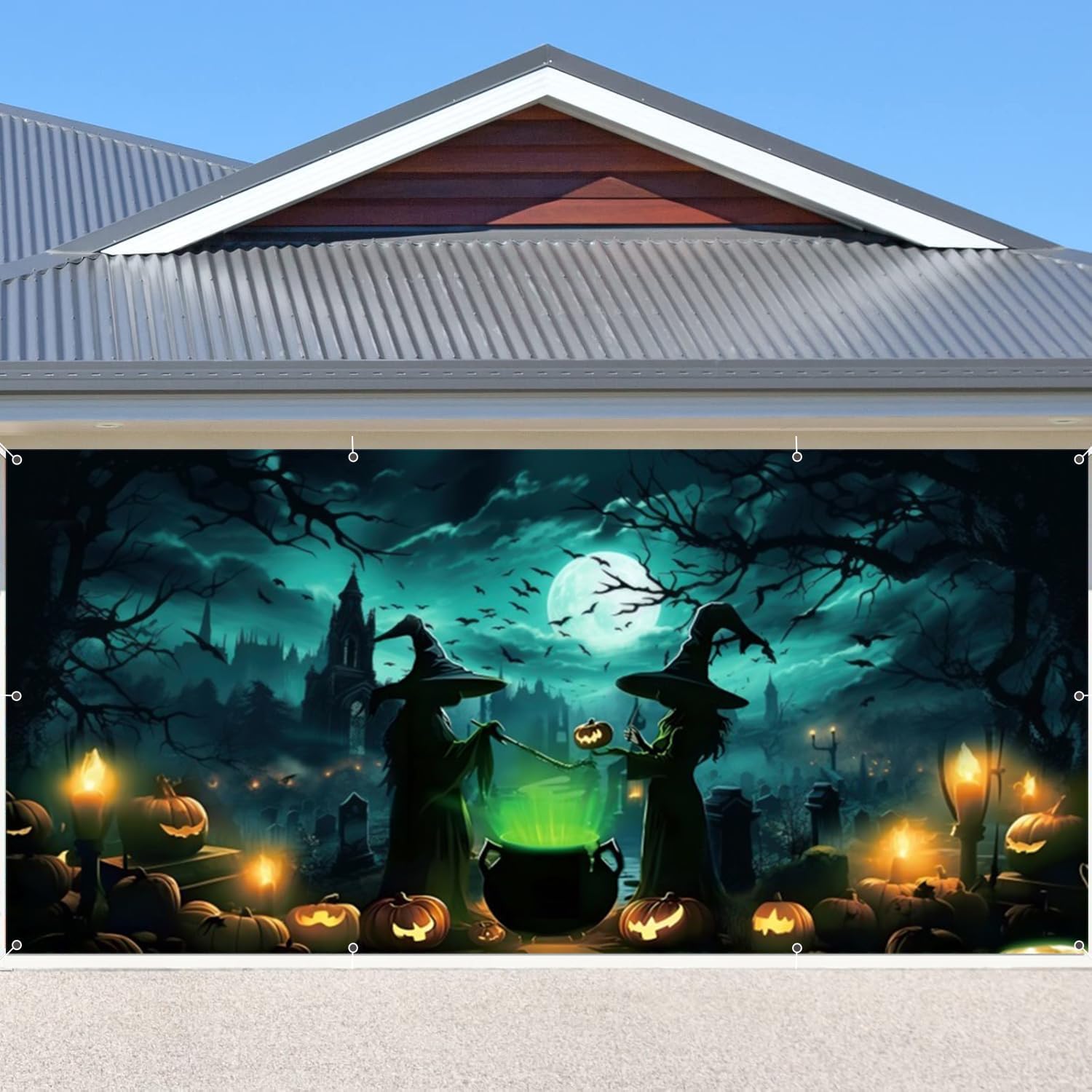 Halloween Garage Door Cover Decorations Banner 7x16ft Scary Halloween Backdrop,Large 2 Car Garage Door Cover,Horror Forest Witch Castle Wall Decor for Outdoor Holiday Decorations