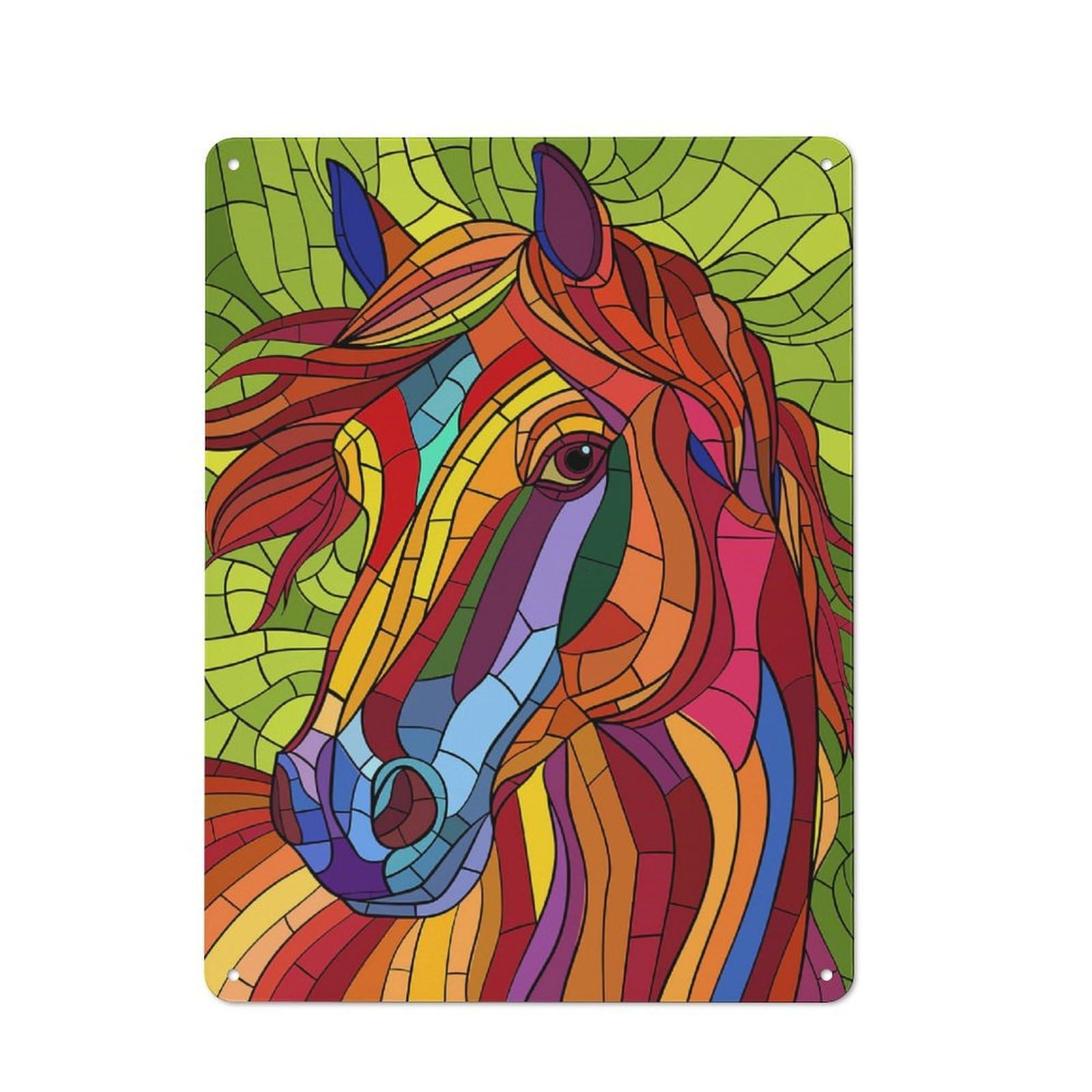 Junmoney Style Colorful Stained Glass Horse Portrait Vintage Metal Wall Decor 40X30cm, Vintage Metal Sign For Hallway, Home Bar, Garage Or Study