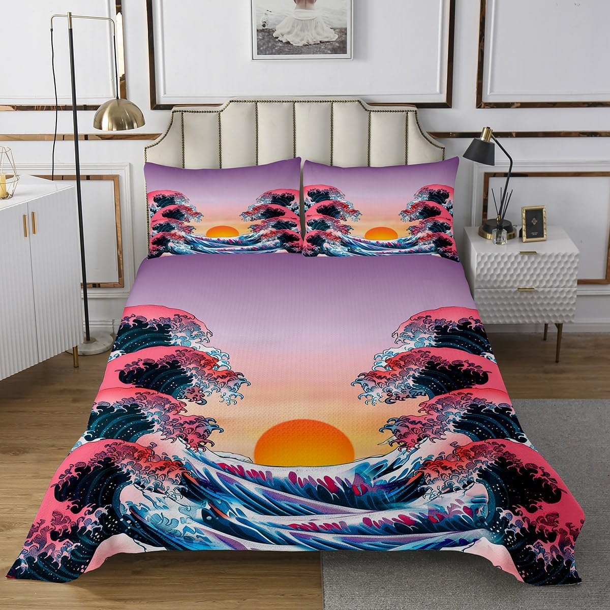 Erosebridal Japanese Style Coverlet Set King Size Japanese Wave Pattern Bedding Set Boys Surf Water Abstract Bedspread Sunset Pattern Bed Cover Set for Adult Women Girls Teens Soft Bedding Set