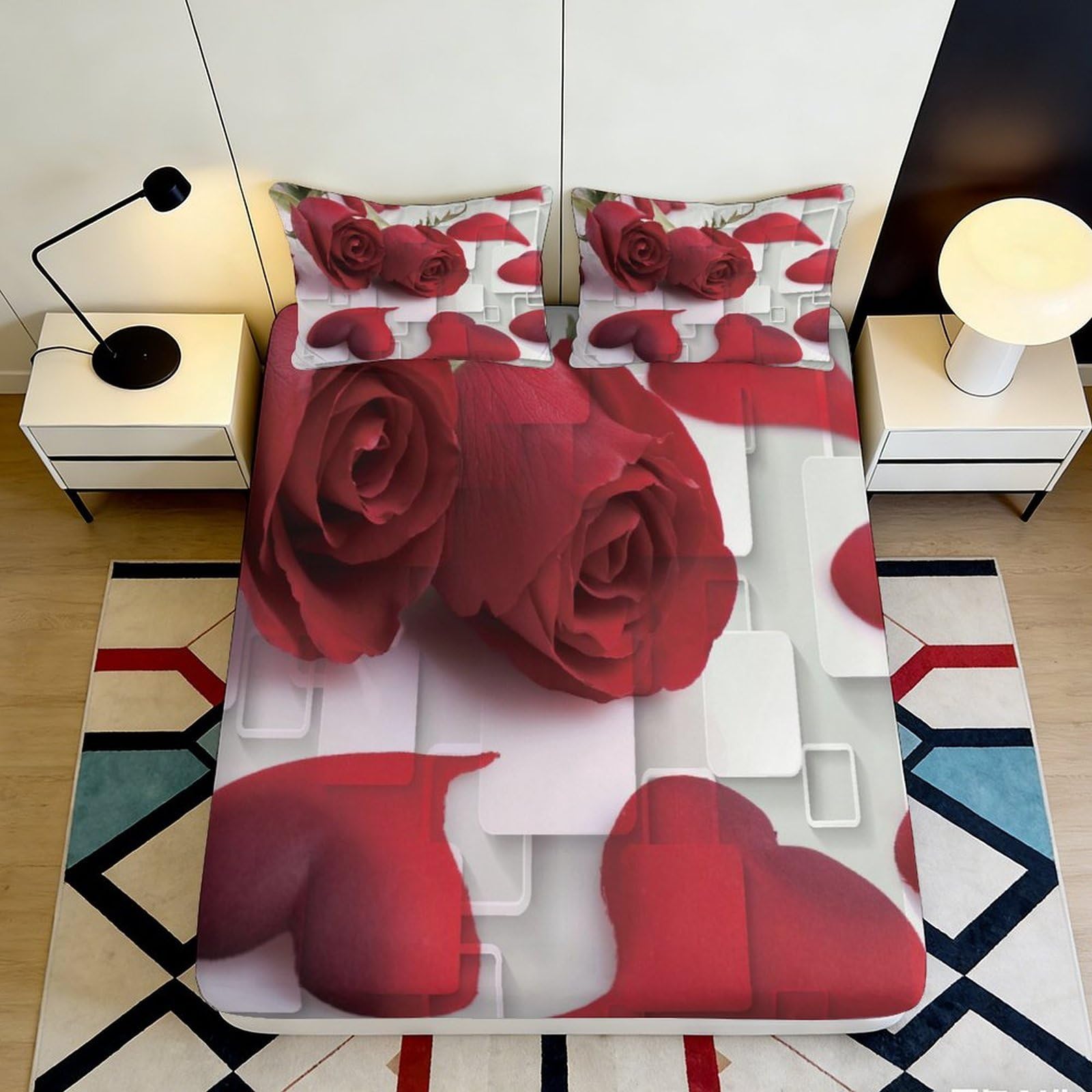 3D Printed Red Rose Fitted Sheet Microfiber Soft Bedroom Decor Romantic Petal Mattress Cover for Home Guest Room 90x200x25cm