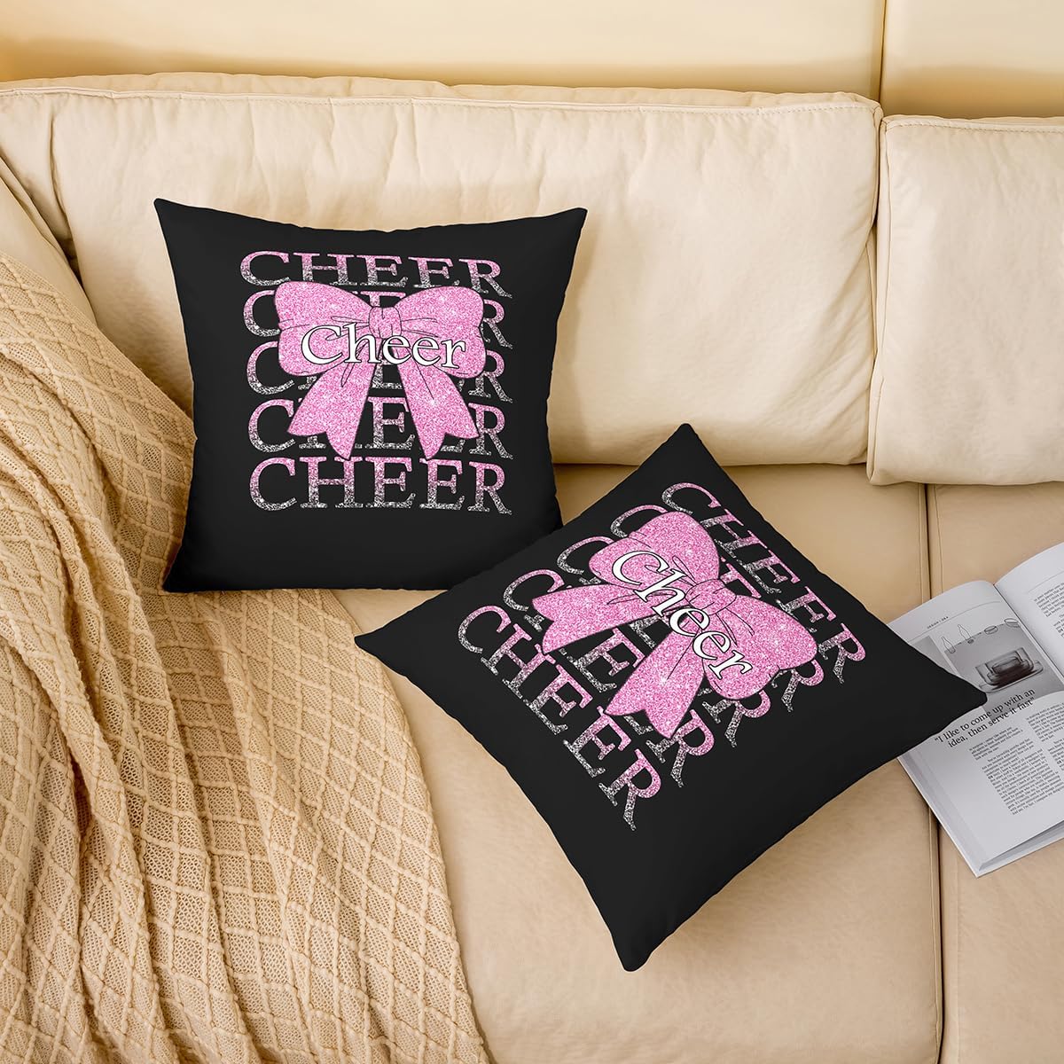 Feelyou Cheer Bow Throw Pillow Covers 1 Pcs Cheerleading Cushion Case Funny Sport Decor Pillowcase Pink Indoor Outdoor Super Soft 24 x 24-Inch