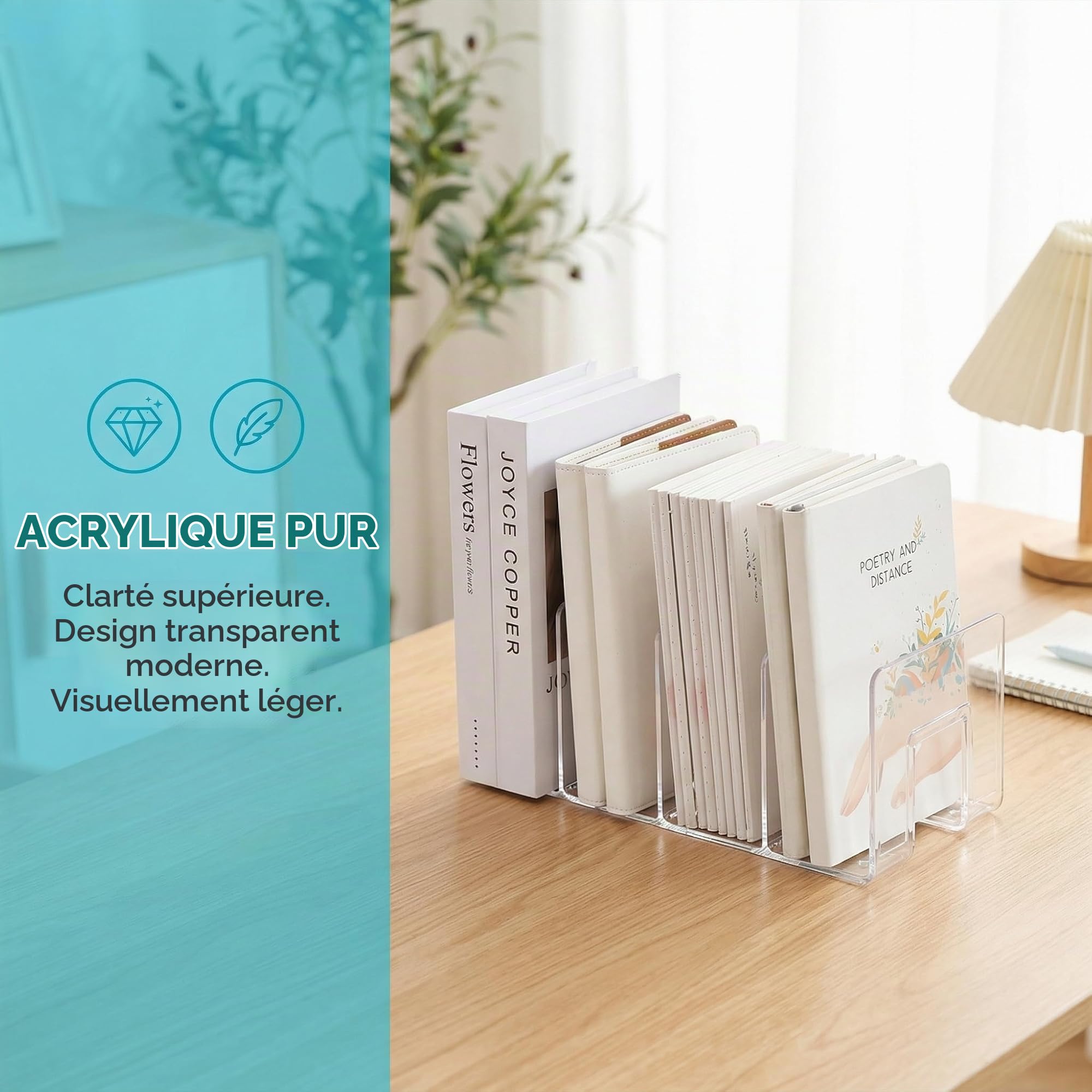 2 Pièces Porte Revue en Acrylique Transparent, 4 Compartiments Organiseur de Fichiers pour Livre Séparateur de Sac à Main pour Bureau, Classe, Chambre, Bibliothèque, Cuisine