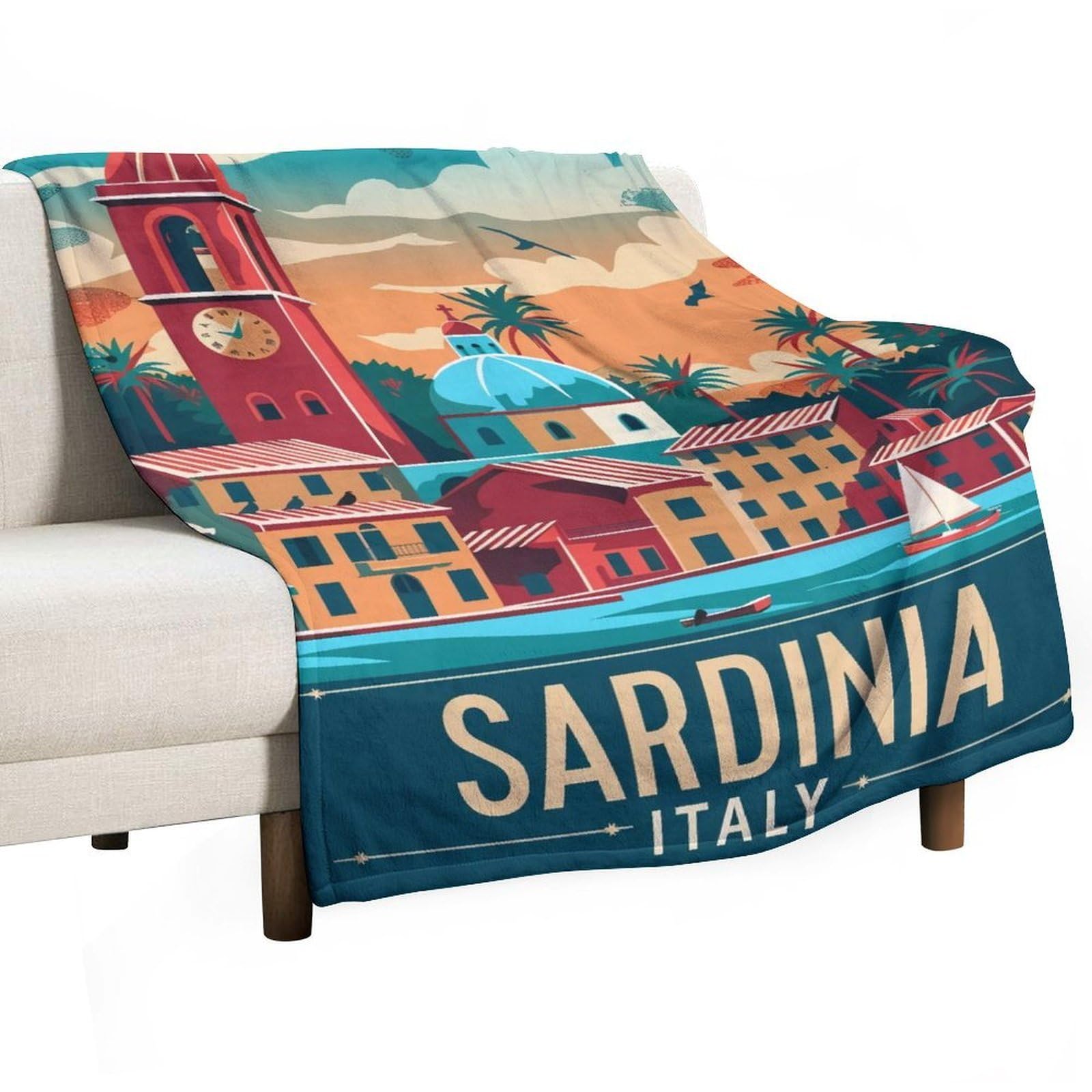 YHGSREUOH Mediterranean Sardinia Sunset Church Bell Tower 02 Flannel Blankets Fleece Soft Throw Lightweight Plush Gifts for Couch, Bed, Cozy Sofa Plush, Chair, Lovers 130x175cm(50x70in)