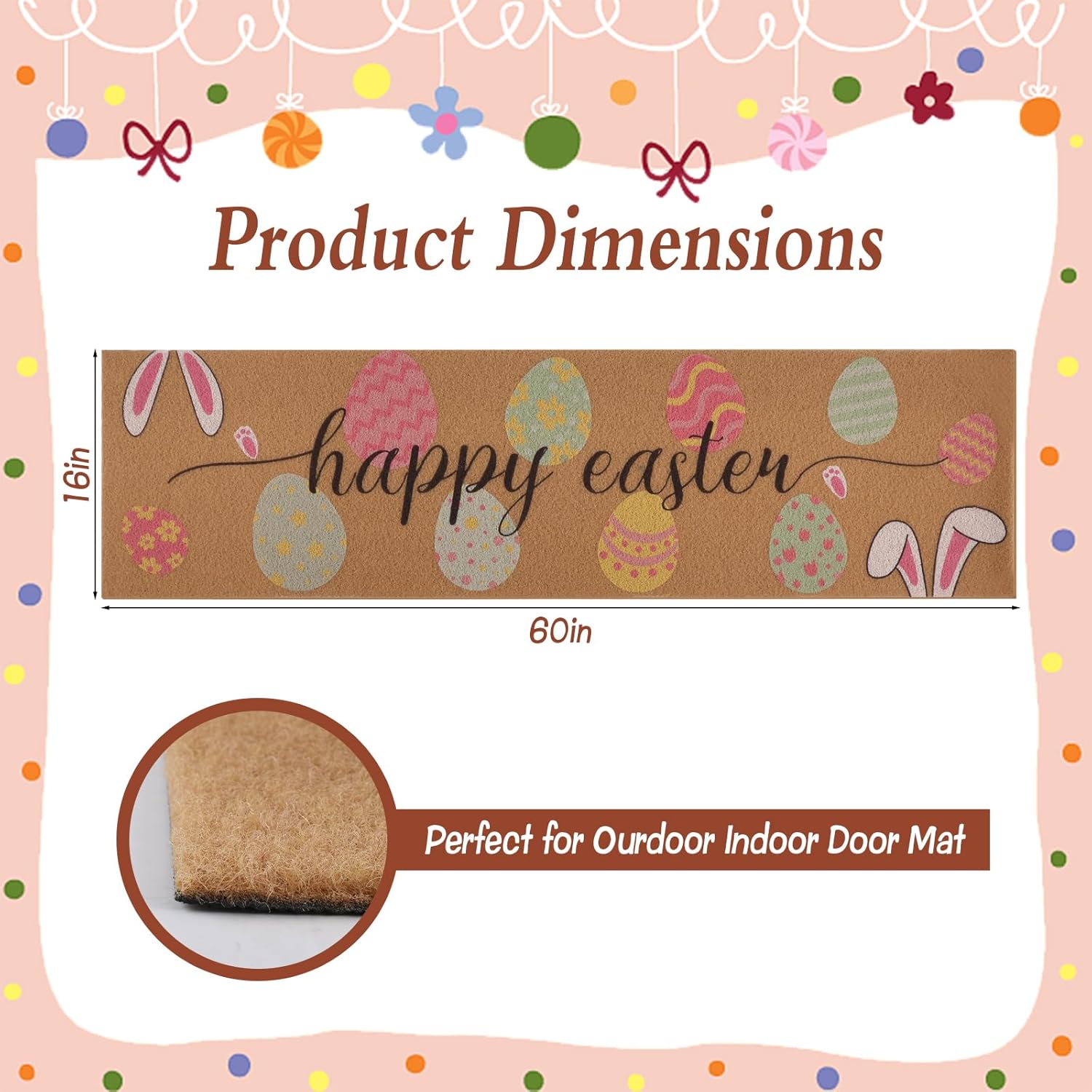 Foxtell Happy Easter Decorative Door Mat, 16"x60" Easter Welcome Doormat - Non-Slip Imitation Coir Entry Mat with Colorful Eggs Design for Spring, Outdoor & Indoor Front Door Decor